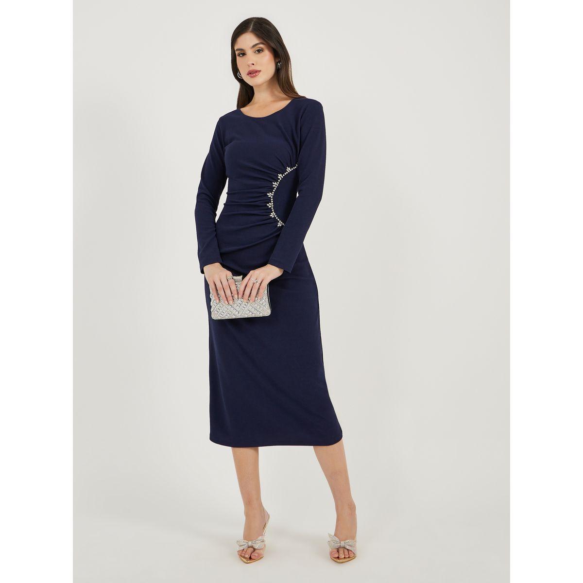 Styli Embellished Long Sleeves Sheath Midi Dress with Gathered Detail-women-clothing-dresses-image-2