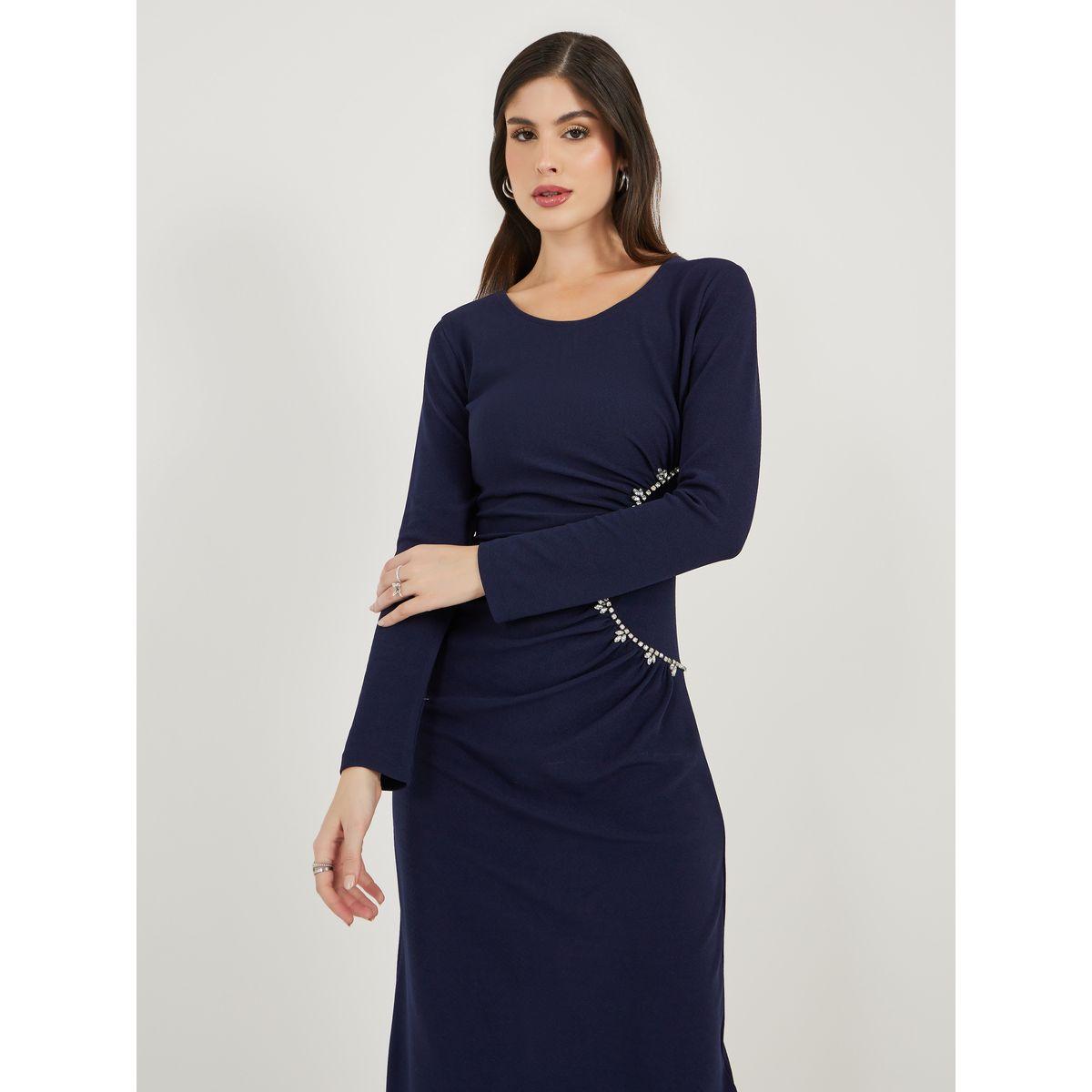 Styli Embellished Long Sleeves Sheath Midi Dress with Gathered Detail-women-clothing-dresses-image-3