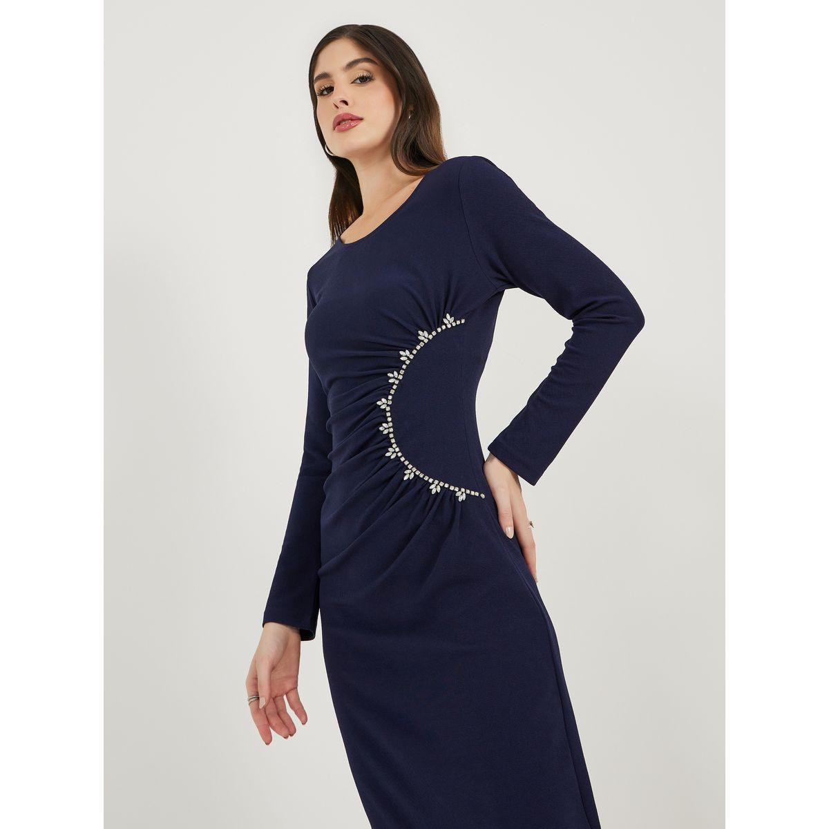 Styli Embellished Long Sleeves Sheath Midi Dress with Gathered Detail-women-clothing-dresses-image-4
