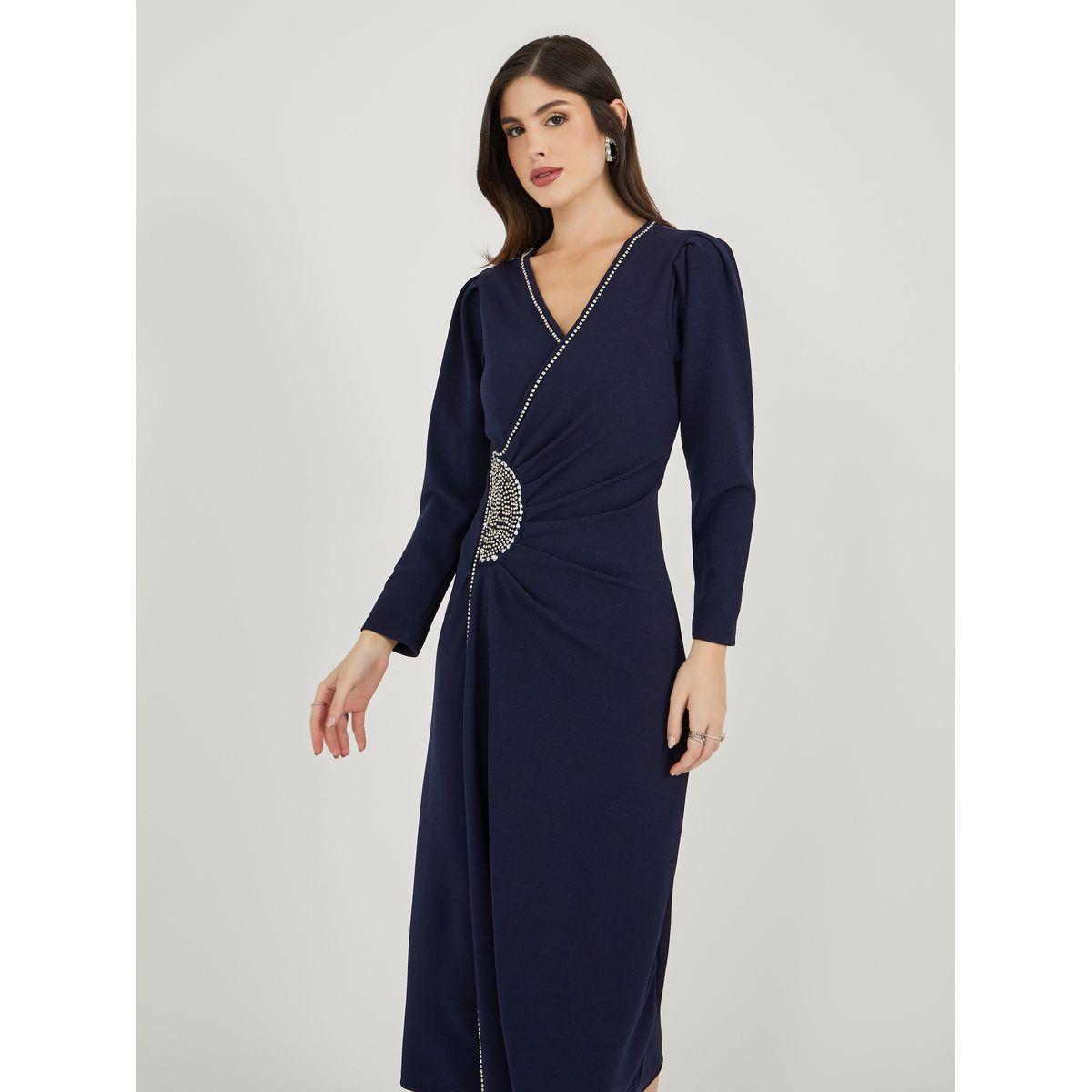 Embellished Long Sleeves Wrap Midi Dress-women-clothing-dresses-image-3