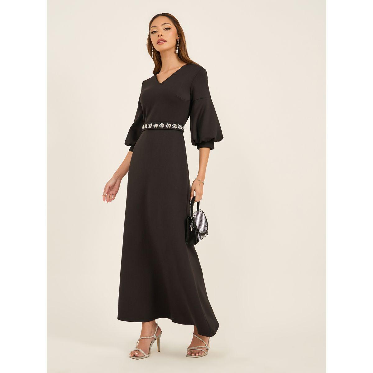 فستان طويل مزين بحزام خصر وأكمام 3/4-women-clothing-dresses-image-1
