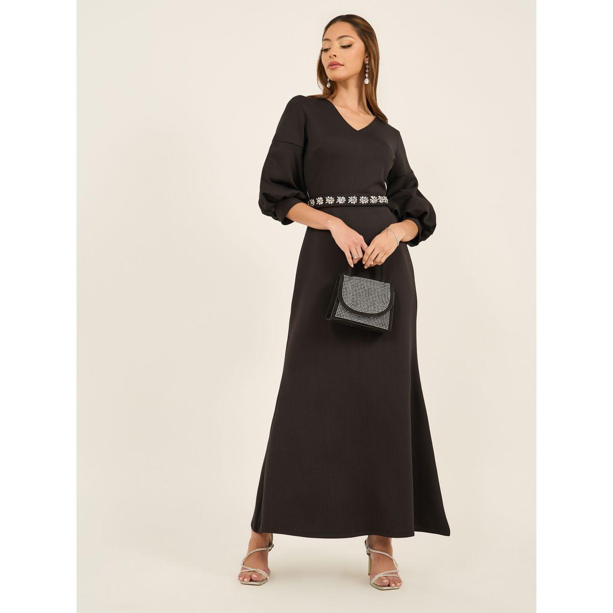 فستان طويل مزين بحزام خصر وأكمام 3/4-women-clothing-dresses-image-2