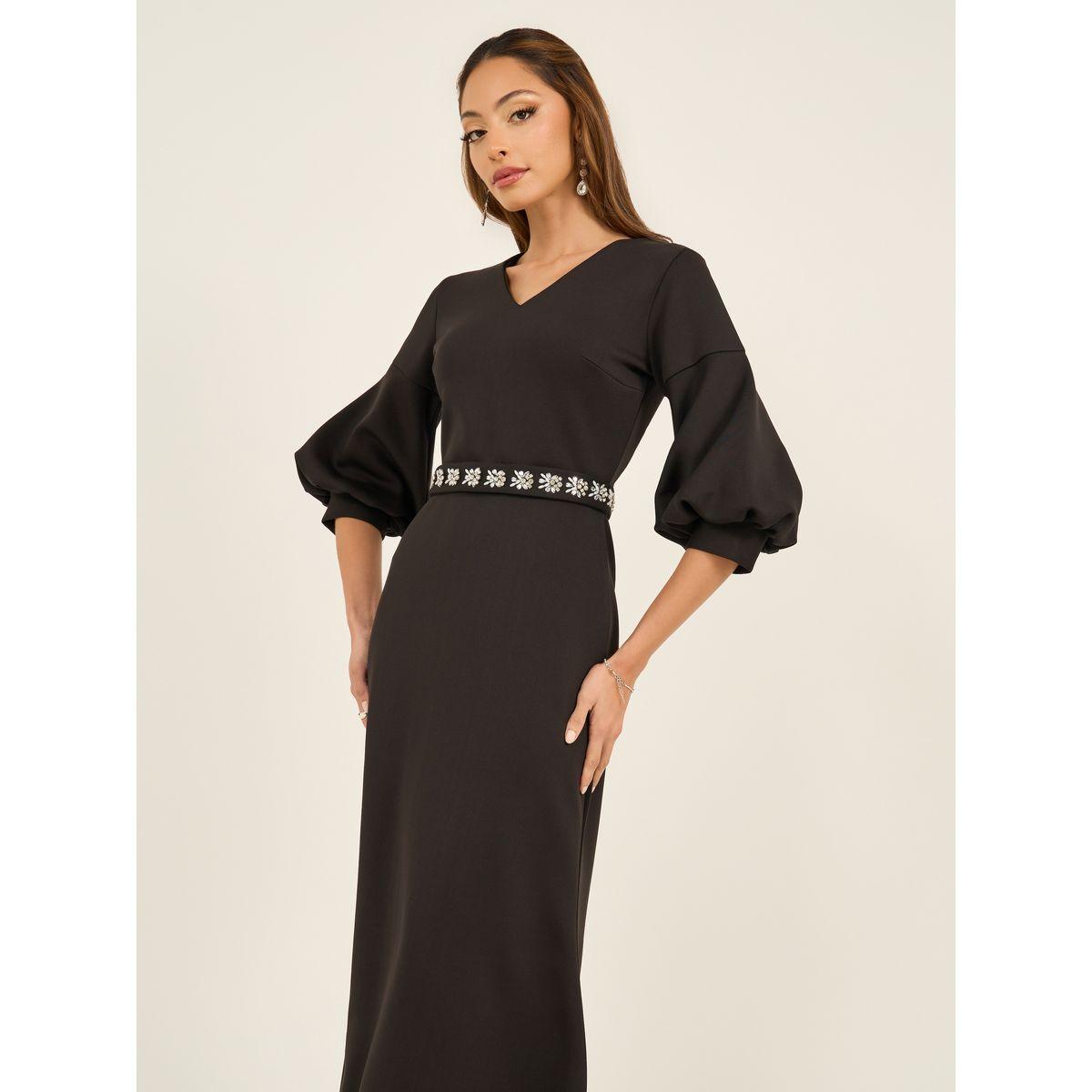 Embellished Waistband 3/4th Sleeves Maxi Dress-women-clothing-dresses-image-3