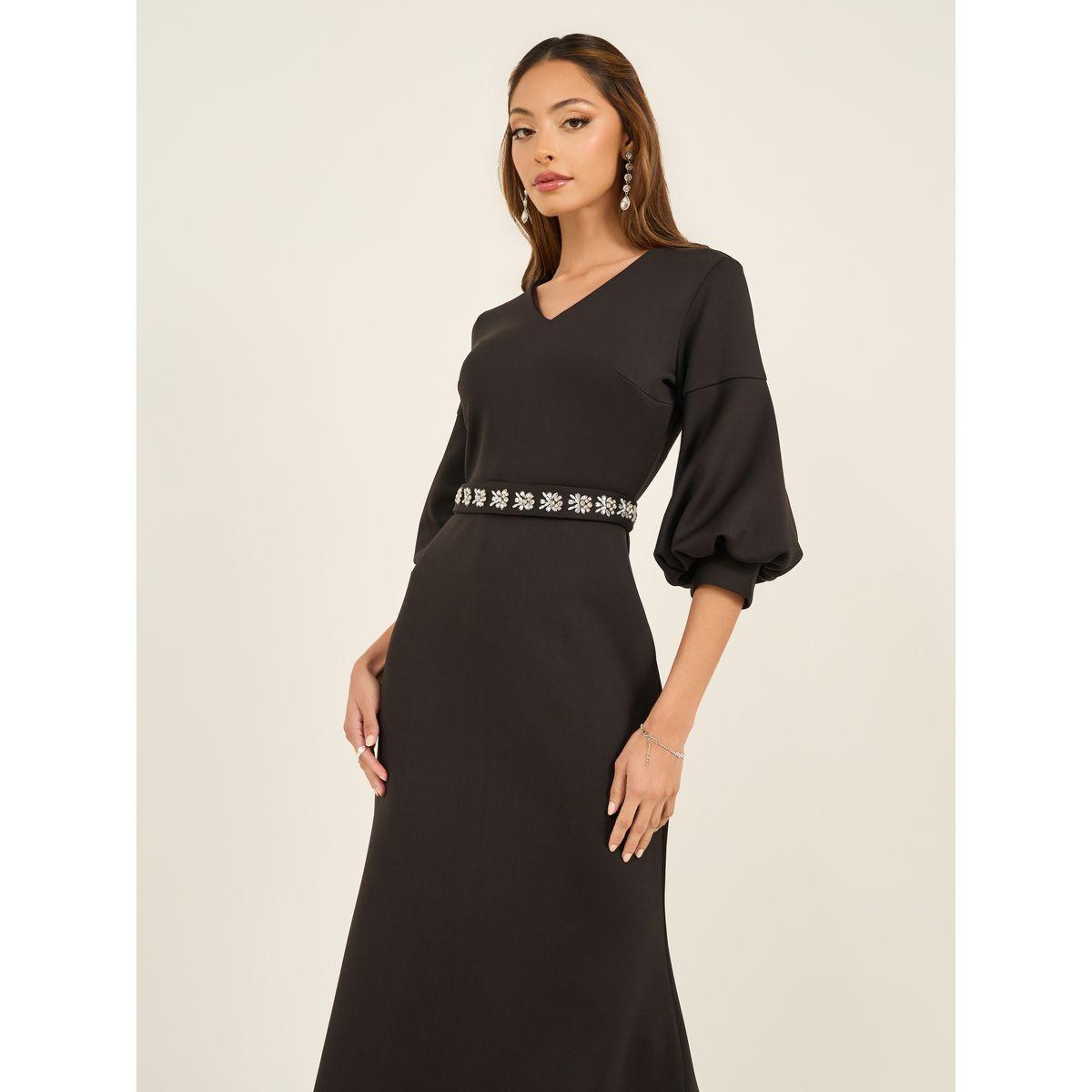Embellished Waistband 3/4th Sleeves Maxi Dress-women-clothing-dresses-image-4