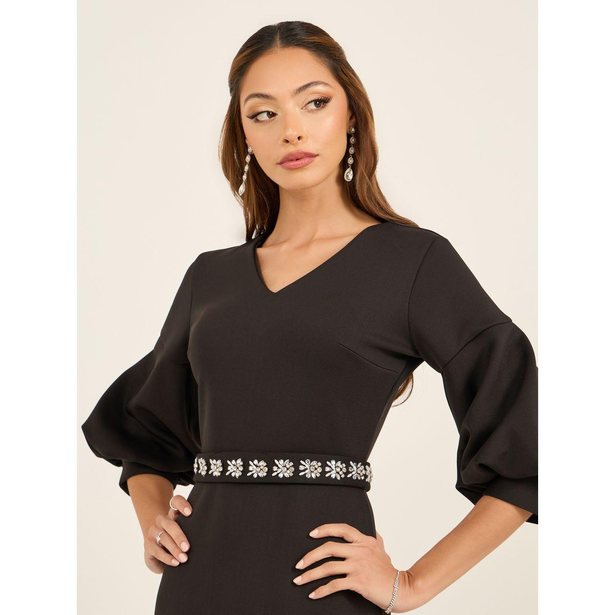 فستان طويل مزين بحزام خصر وأكمام 3/4-women-clothing-dresses-image-5