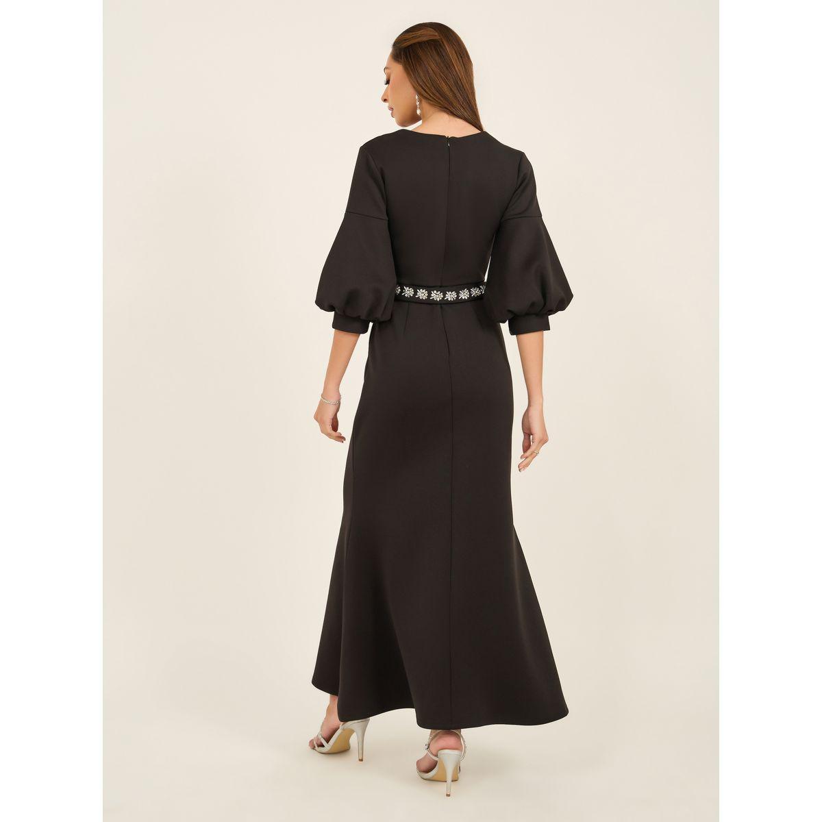 Embellished Waistband 3/4th Sleeves Maxi Dress-women-clothing-dresses-image-7