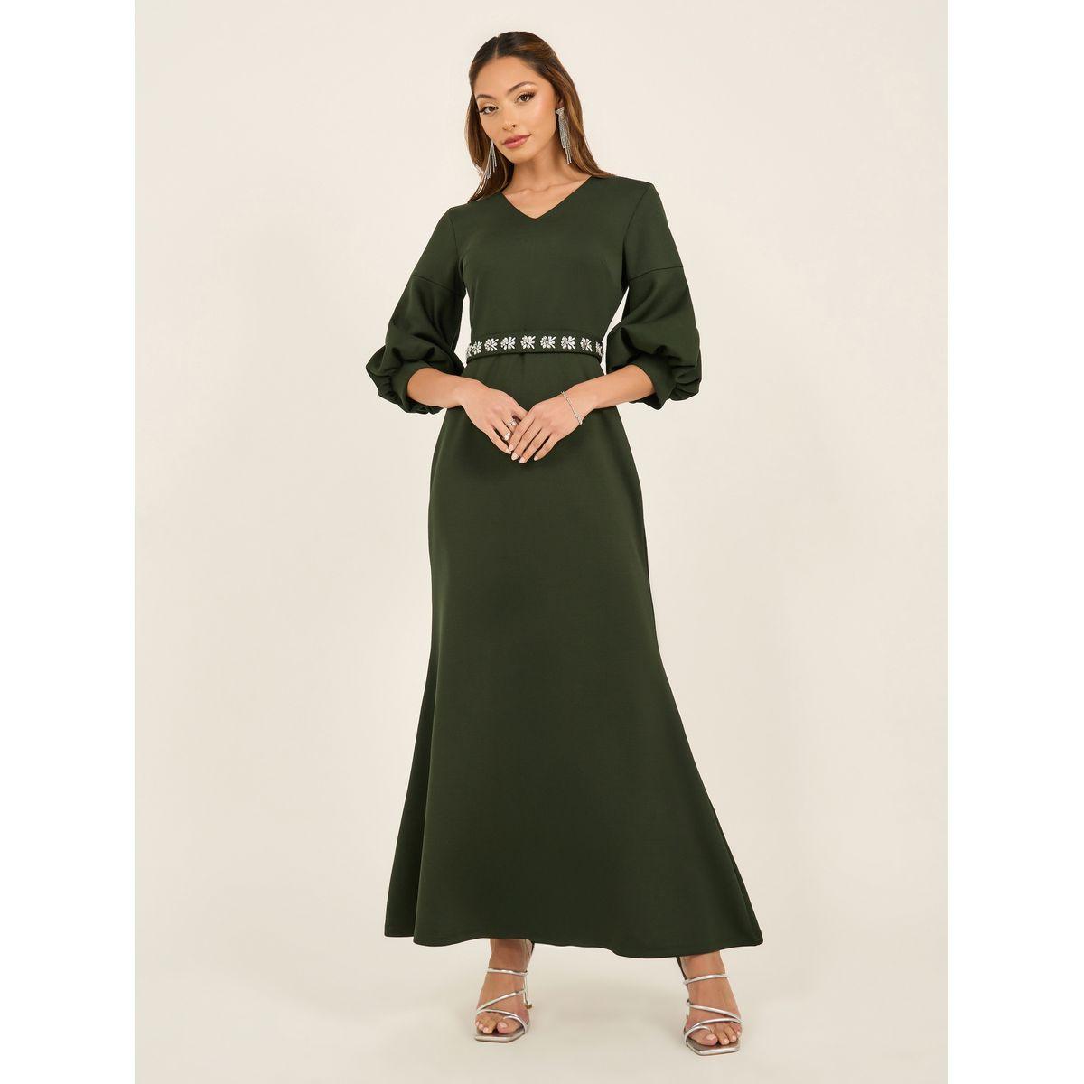 Embellished Waistband 3/4th Sleeves Maxi Dress-women-clothing-dresses-image-1