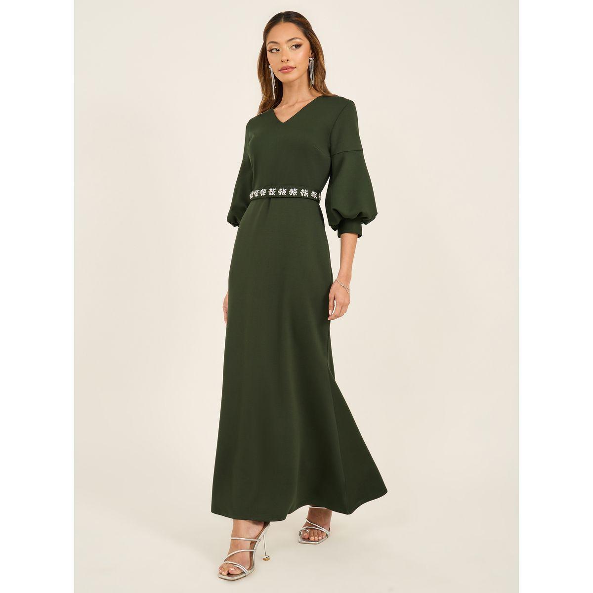 فستان طويل مزين بحزام خصر وأكمام 3/4-women-clothing-dresses-image-2