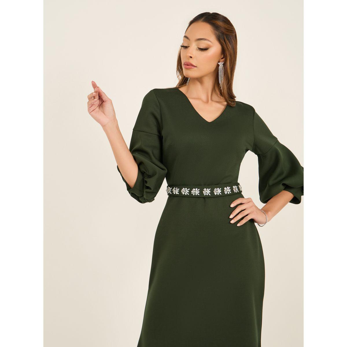 فستان طويل مزين بحزام خصر وأكمام 3/4-women-clothing-dresses-image-3