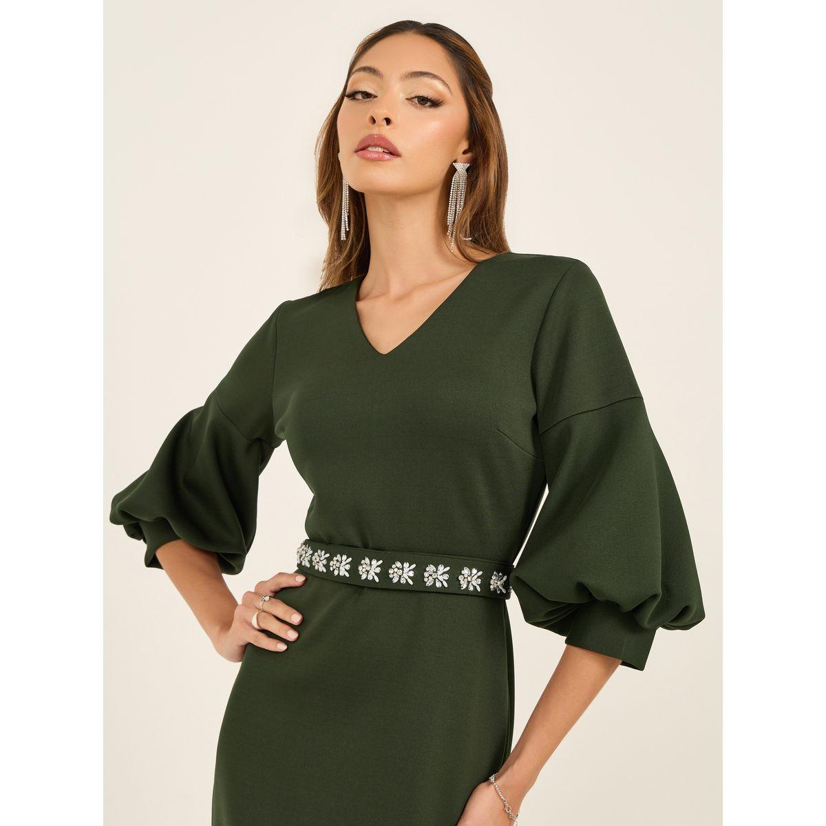 Embellished Waistband 3/4th Sleeves Maxi Dress-women-clothing-dresses-image-4
