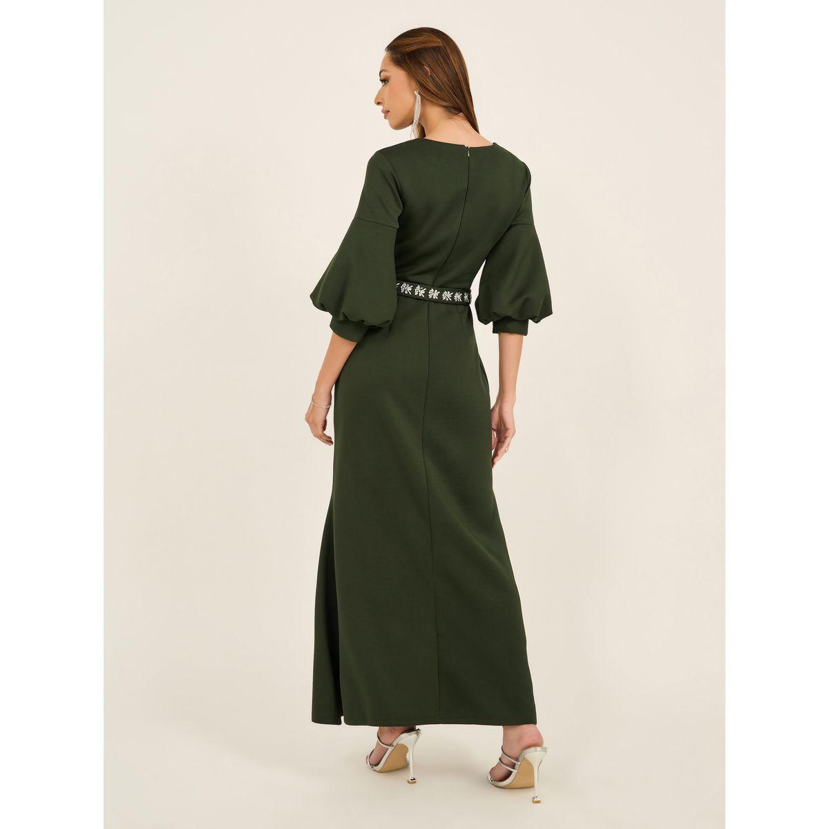 فستان طويل مزين بحزام خصر وأكمام 3/4-women-clothing-dresses-image-6
