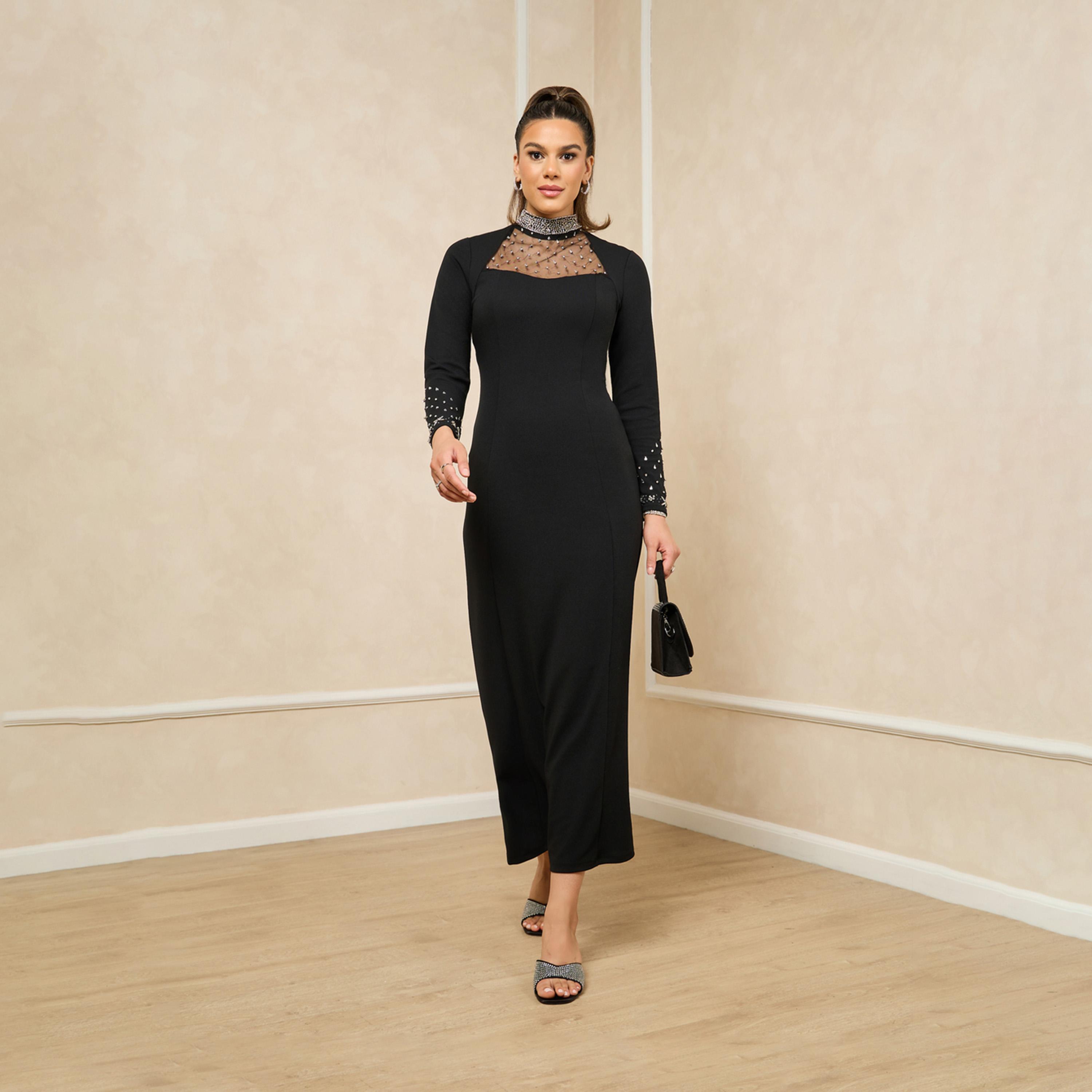 Styli Embellished Mesh Insert Hight Neck Sheath Maxi Dress-women-clothing-dresses-image-1
