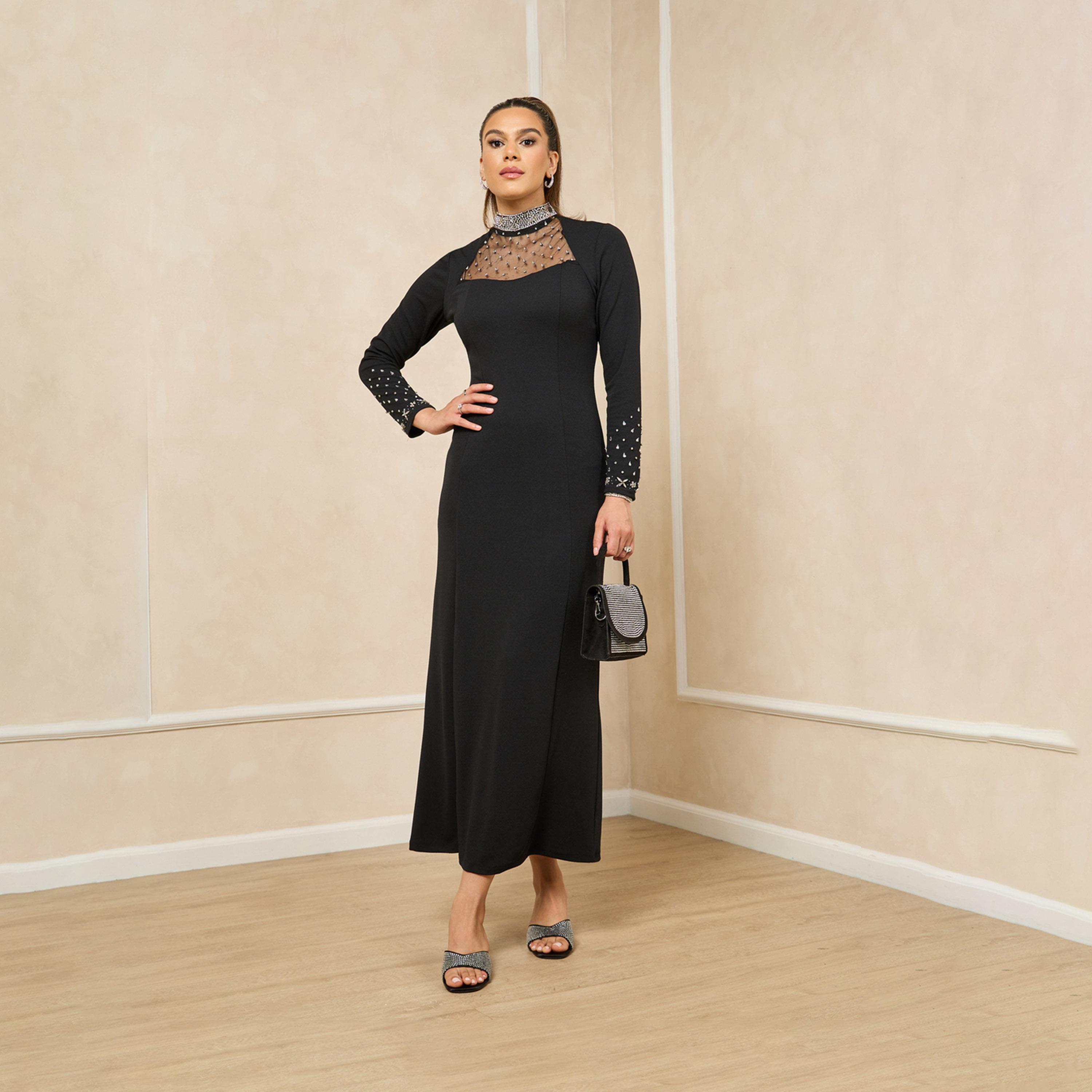 Styli Embellished Mesh Insert Hight Neck Sheath Maxi Dress-women-clothing-dresses-image-2