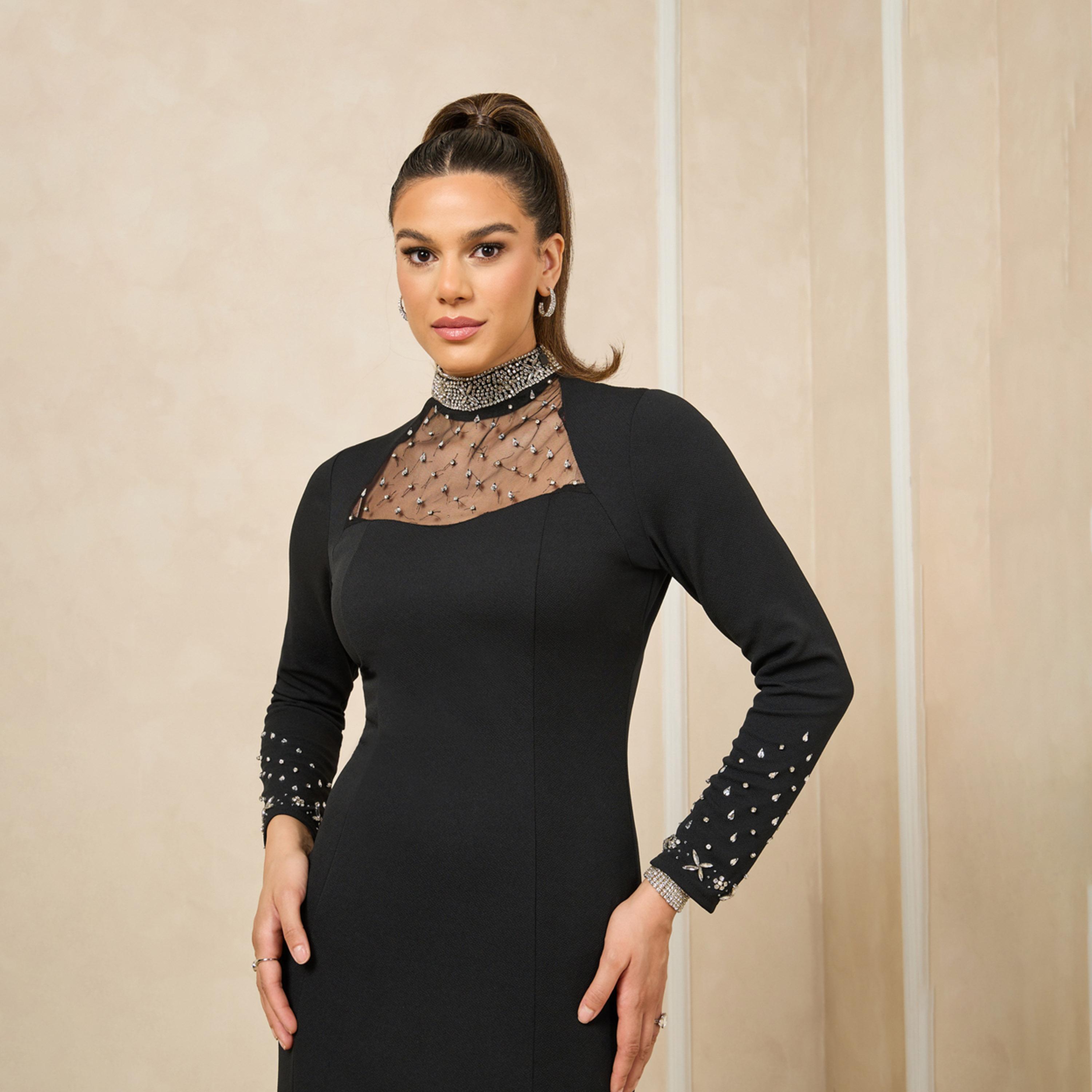 Styli Embellished Mesh Insert Hight Neck Sheath Maxi Dress-women-clothing-dresses-image-3