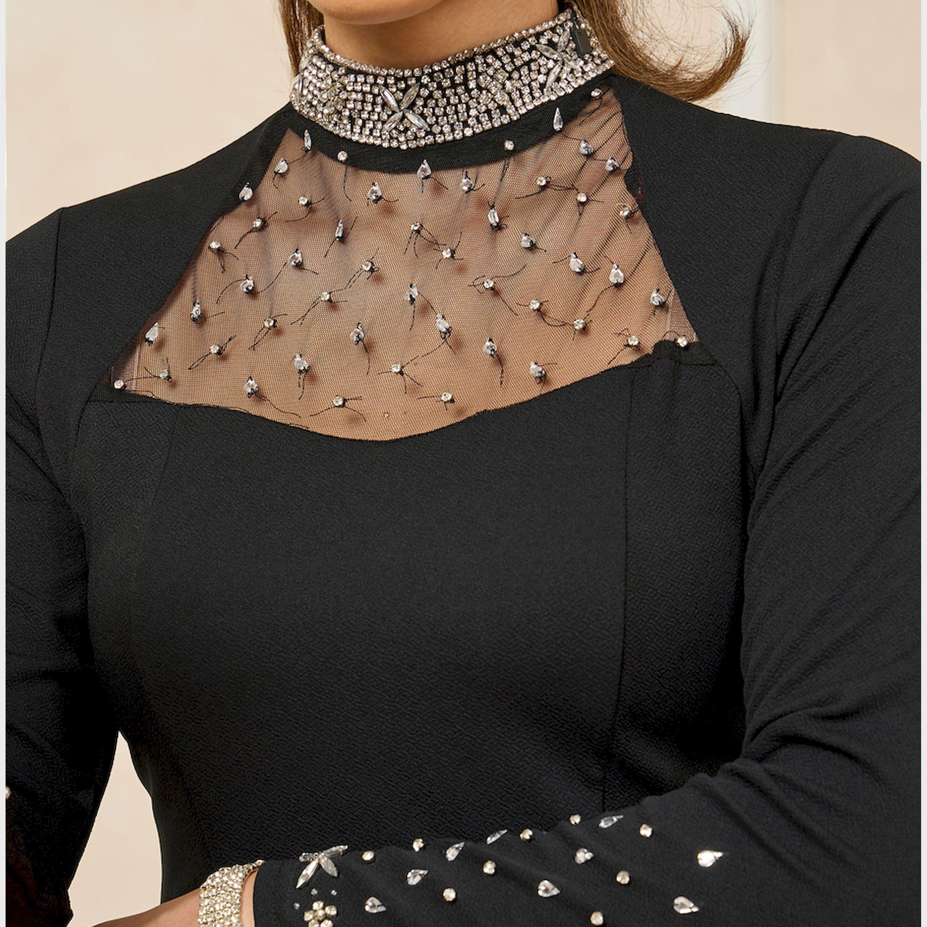 Styli Embellished Mesh Insert Hight Neck Sheath Maxi Dress-women-clothing-dresses-image-4