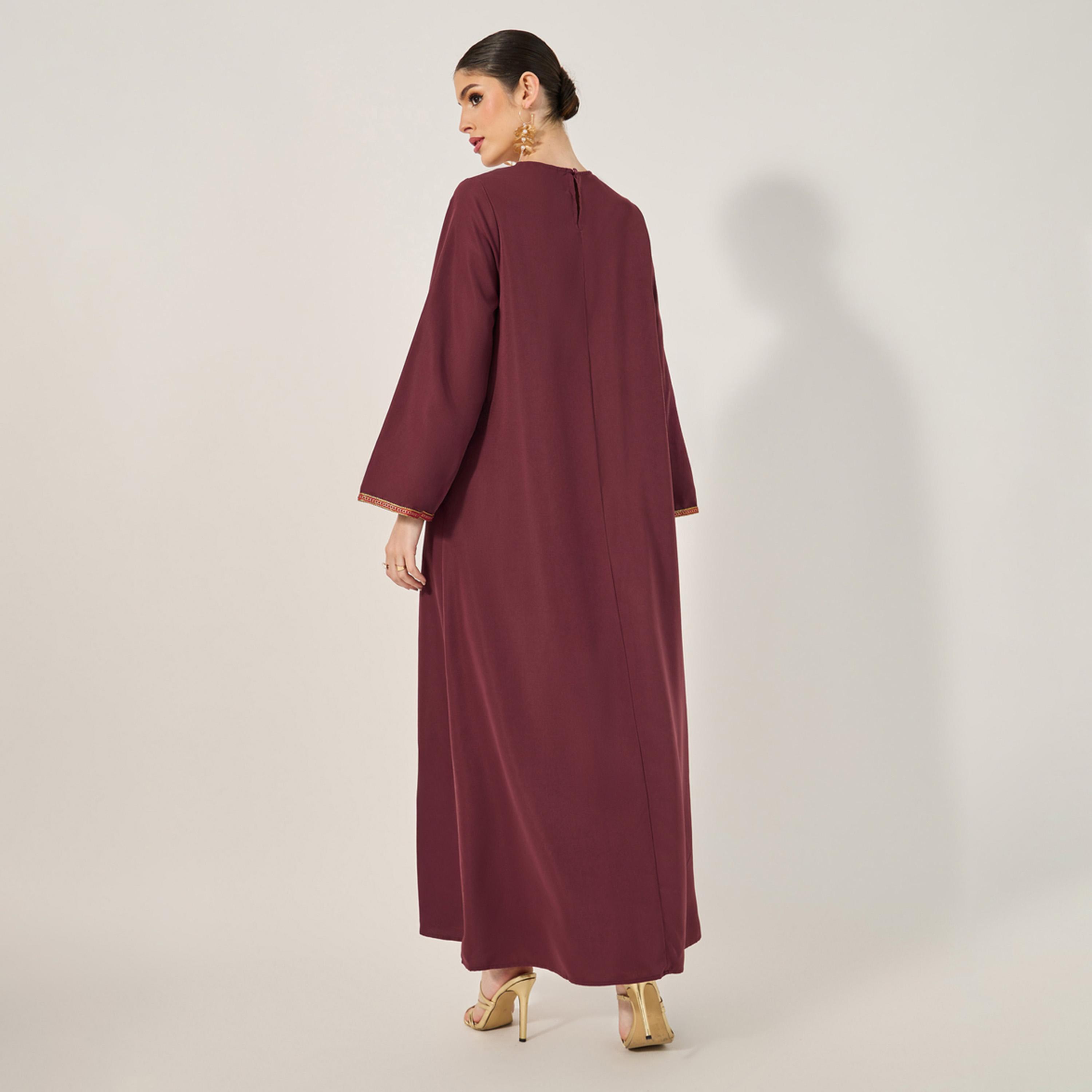Styli Jalabiya With Embroidery Patch Dã©Cor At Neck With Tassel Trims-women-arabicclothing-jalabiyas-image-5