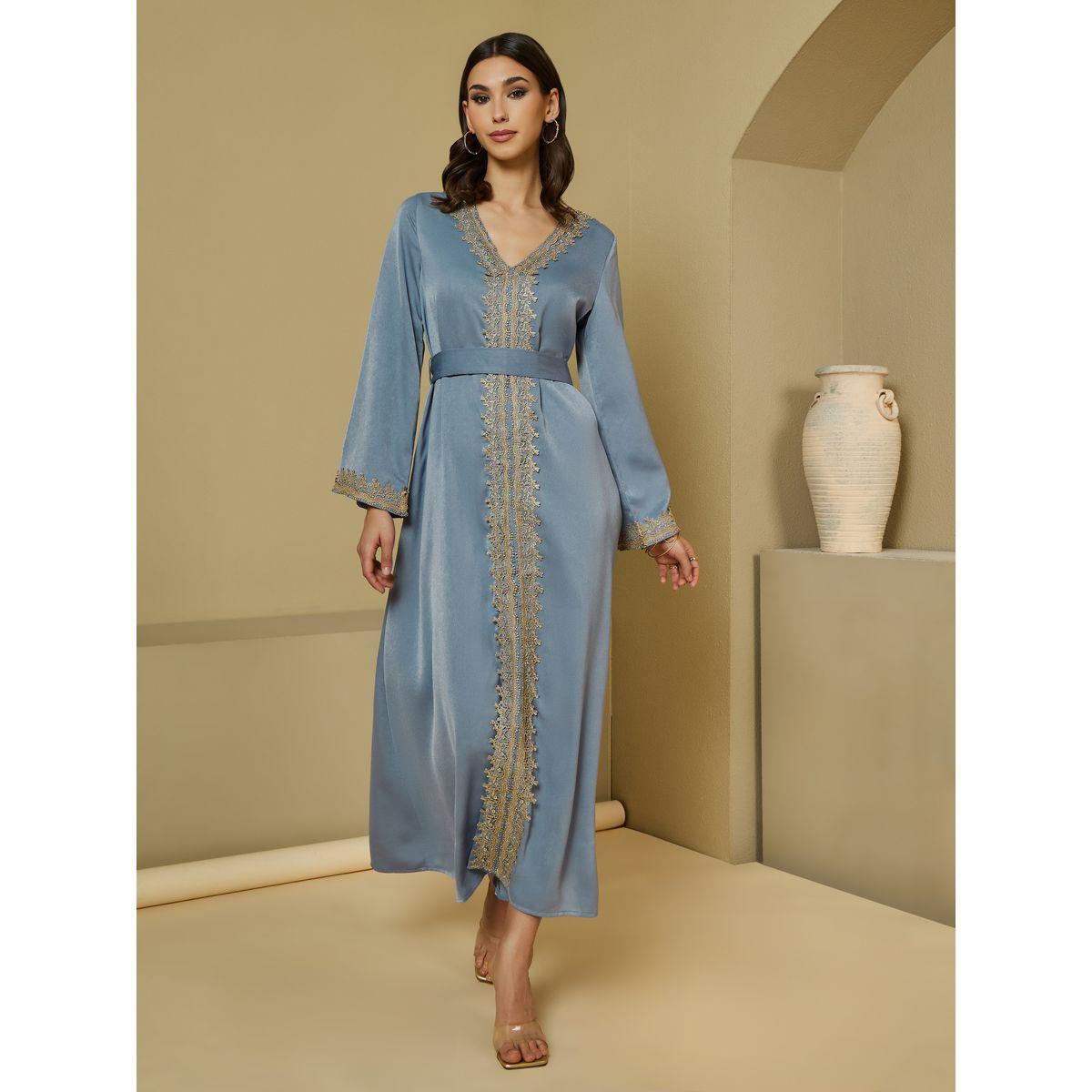 Styli Embroidered Lace Panel V Neck Crepe Jalabiya-women-arabicclothing-jalabiyas-image-1