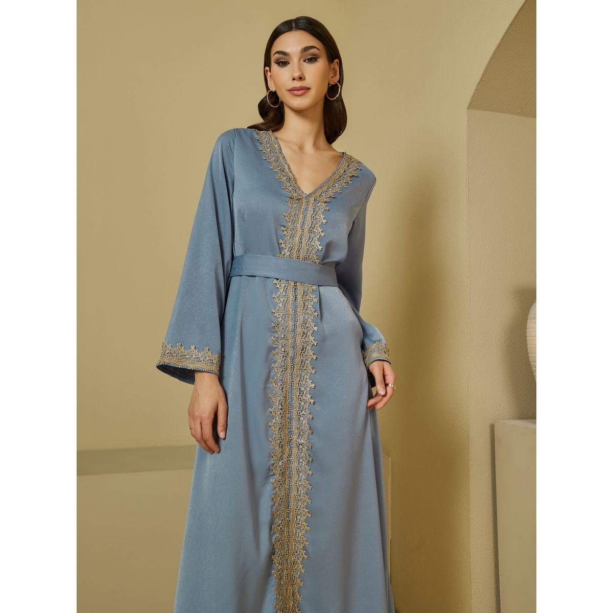 Styli Embroidered Lace Panel V Neck Crepe Jalabiya-women-arabicclothing-jalabiyas-image-2