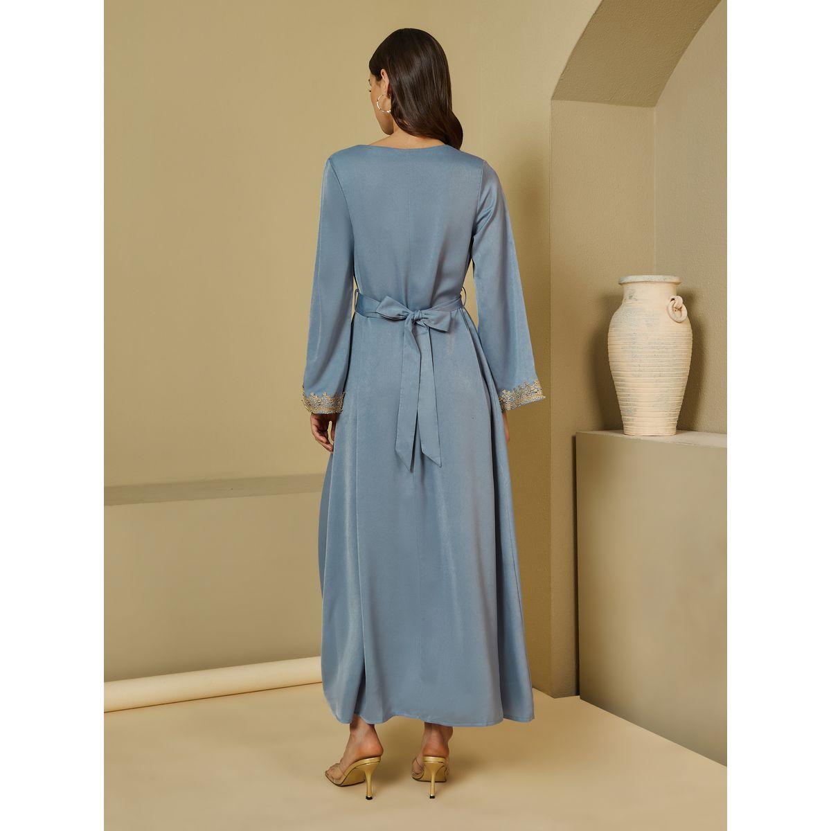 Styli Embroidered Lace Panel V Neck Crepe Jalabiya-women-arabicclothing-jalabiyas-image-4