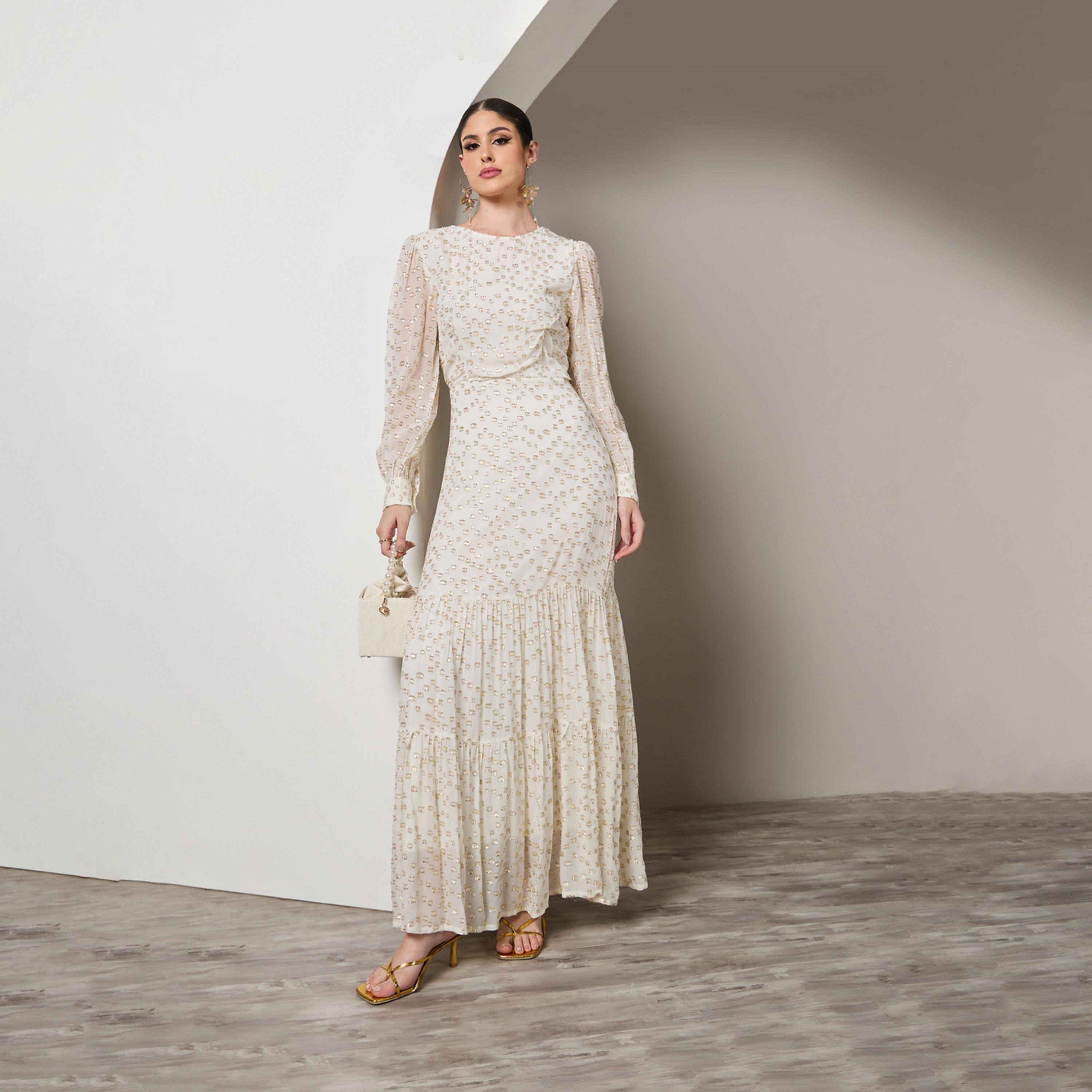 ستايلي - فستان ماكسي قماش دوبي بأكمام منفوخة وطبقات-women-clothing-dresses-image-1