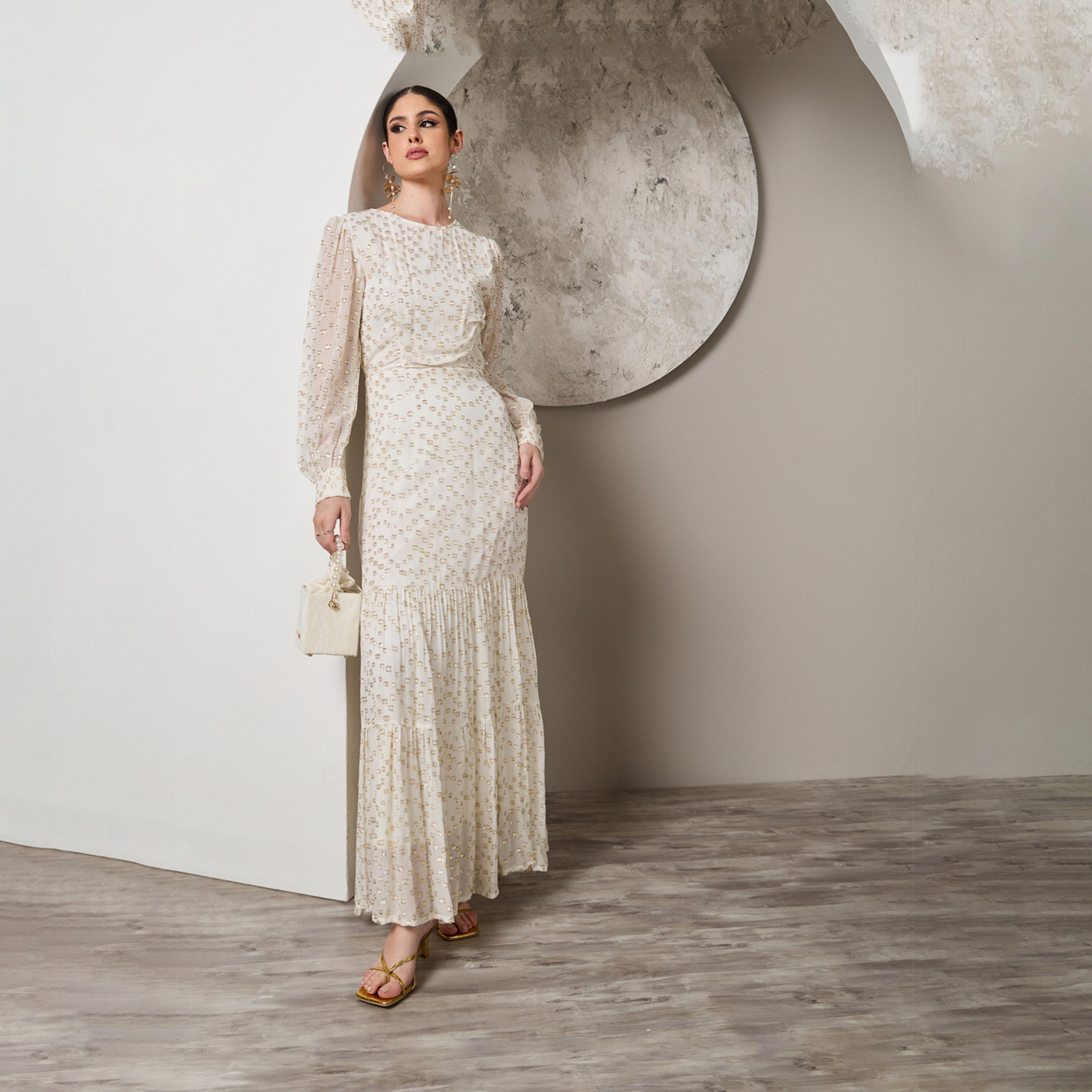 Styli Textured Dobby Balloon Sleeve Tiered Maxi Dress-women-clothing-dresses-image-2