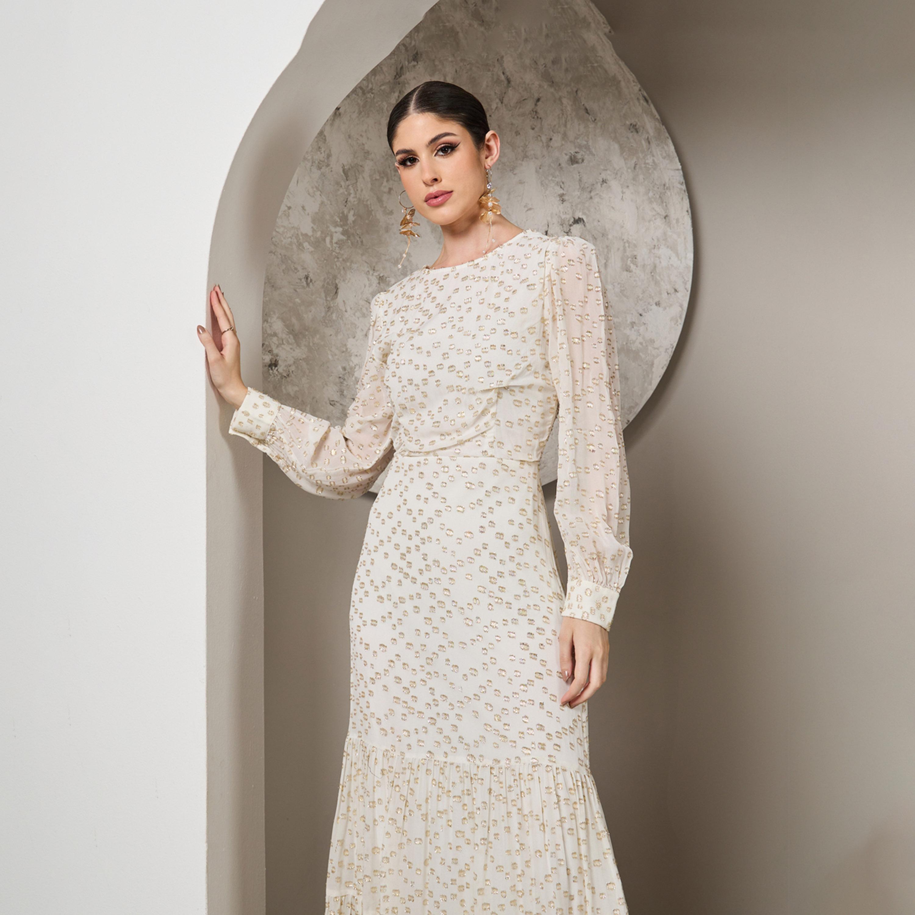 ستايلي - فستان ماكسي قماش دوبي بأكمام منفوخة وطبقات-women-clothing-dresses-image-3