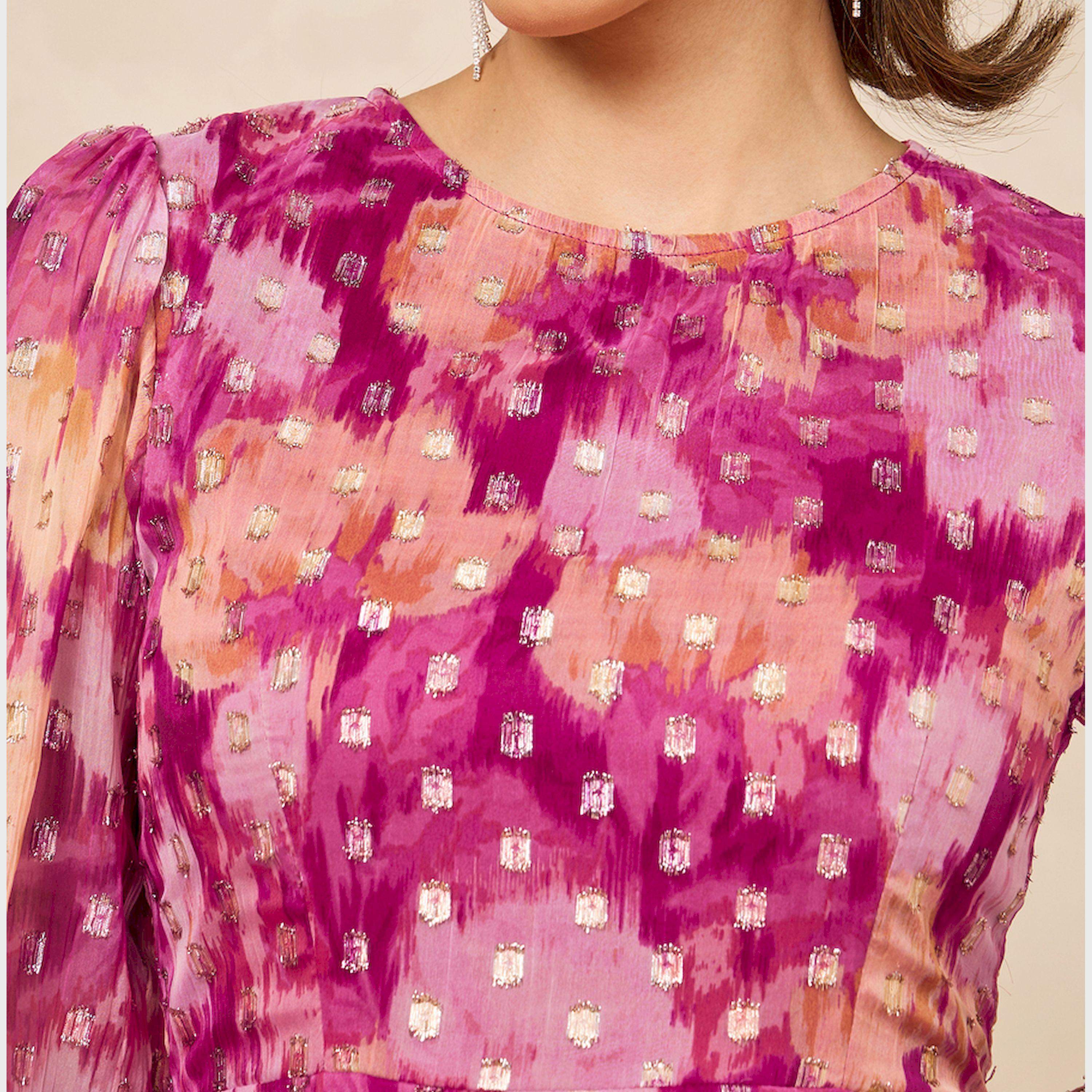 ستايلي - فستان ماكسي متعدد الطبقات بأكمام منفوخة وطبعة زهور من قماش دوبي-women-clothing-dresses-image-4
