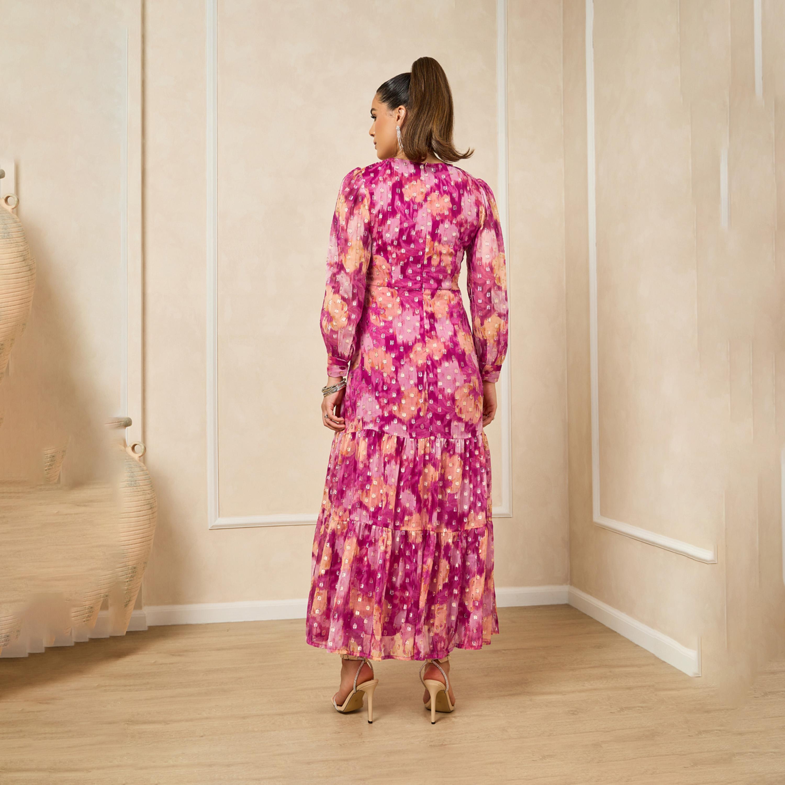 ستايلي - فستان ماكسي متعدد الطبقات بأكمام منفوخة وطبعة زهور من قماش دوبي-women-clothing-dresses-image-5