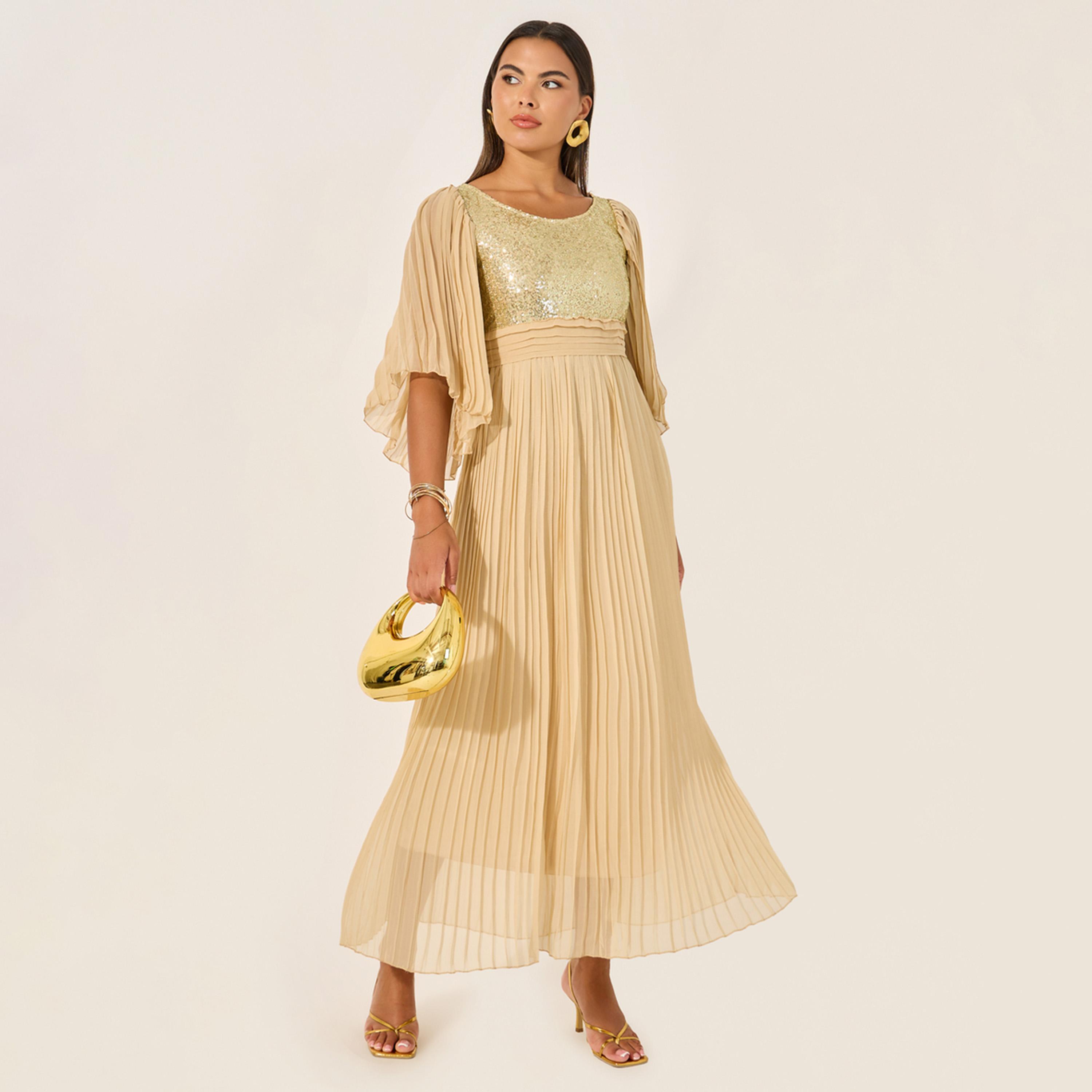 ستايلي - فستان ماكسي مزين مع ثنيات وقصة A-women-clothing-dresses-image-1