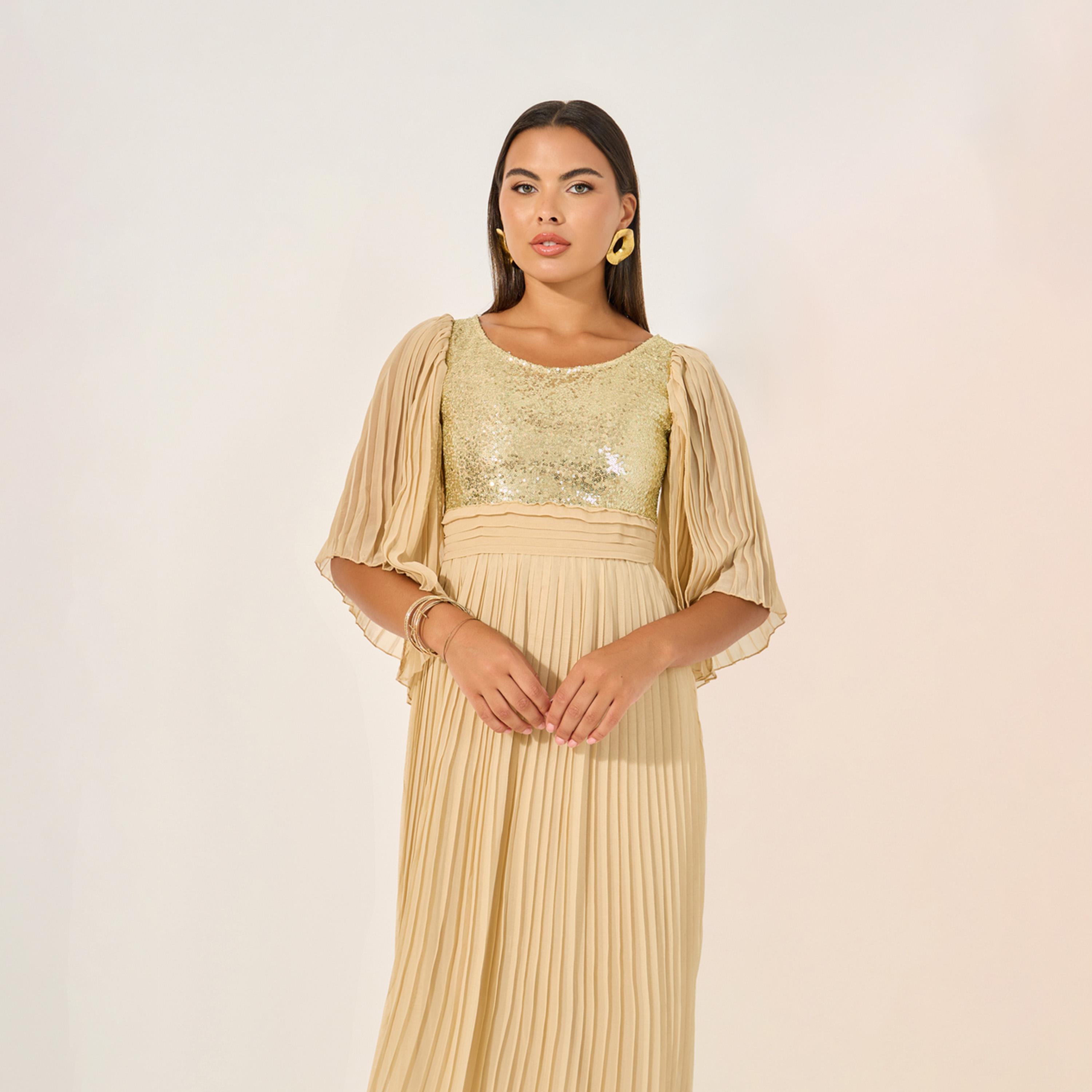 Styli Embellished Pleated Design A-Line Maxi Dress-women-clothing-dresses-image-3