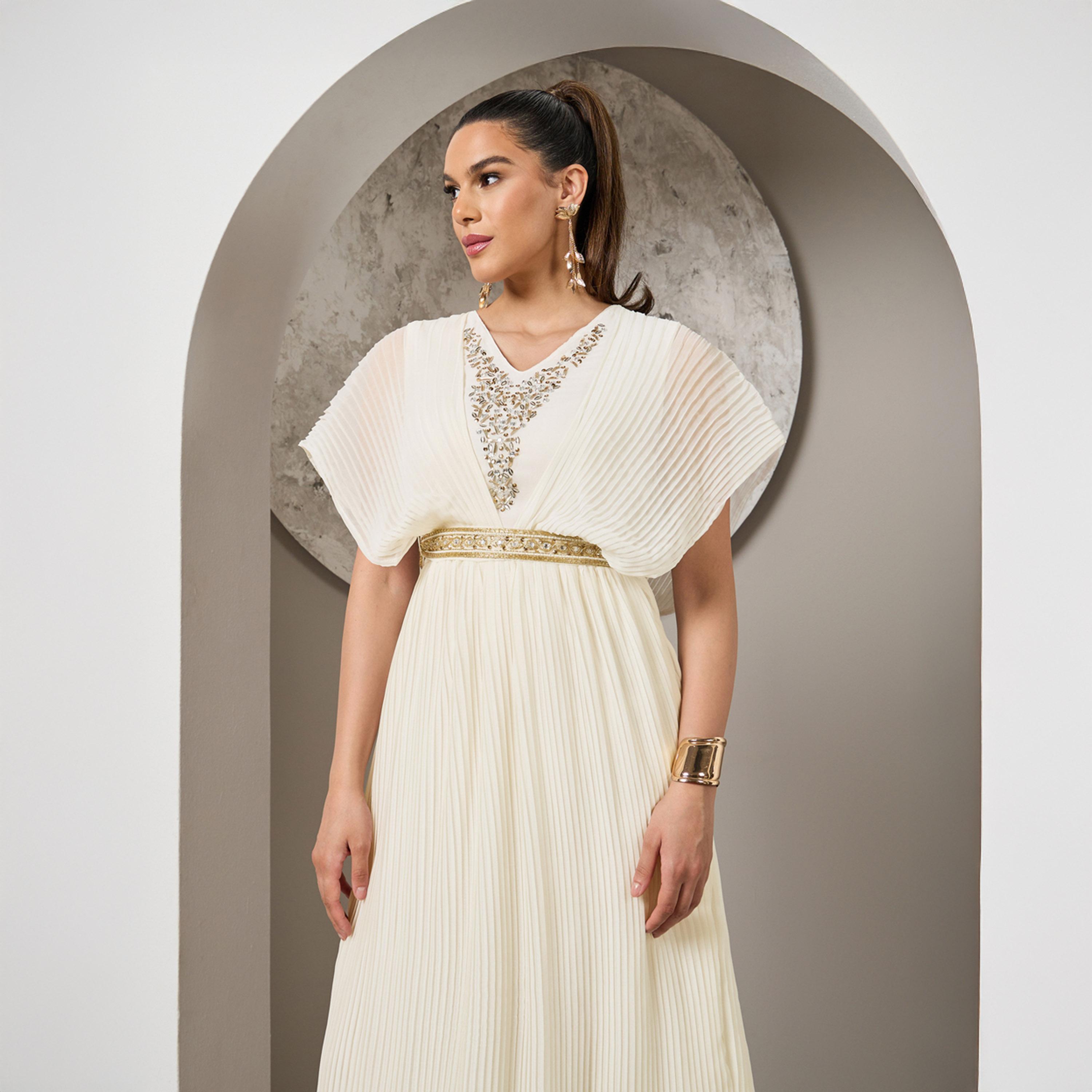 ستايلي - فستان ماكسي مزين بثنيات وأكمام واسعة متدلية بتصميم A-women-clothing-dresses-image-3