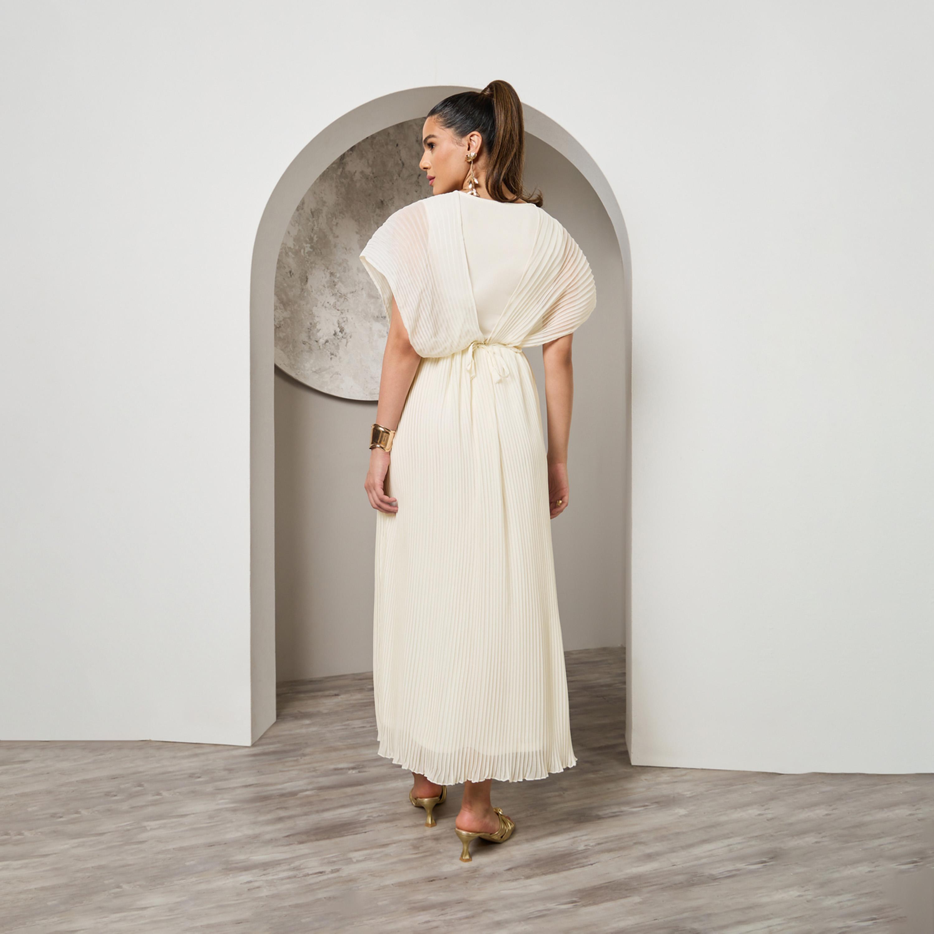 Styli Embellished Pleated Cape Sleeves A-Line Maxi Dress-women-clothing-dresses-image-5