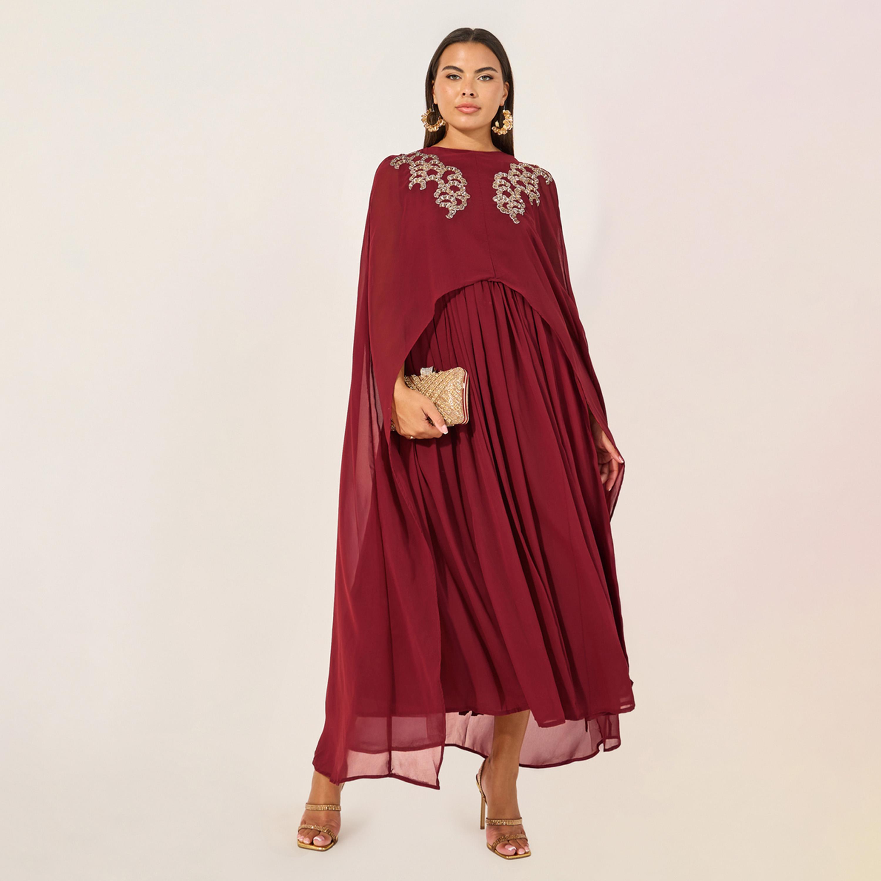 Styli Embellished Cape Sleeves A-Line Maxi Dress-women-clothing-dresses-image-1