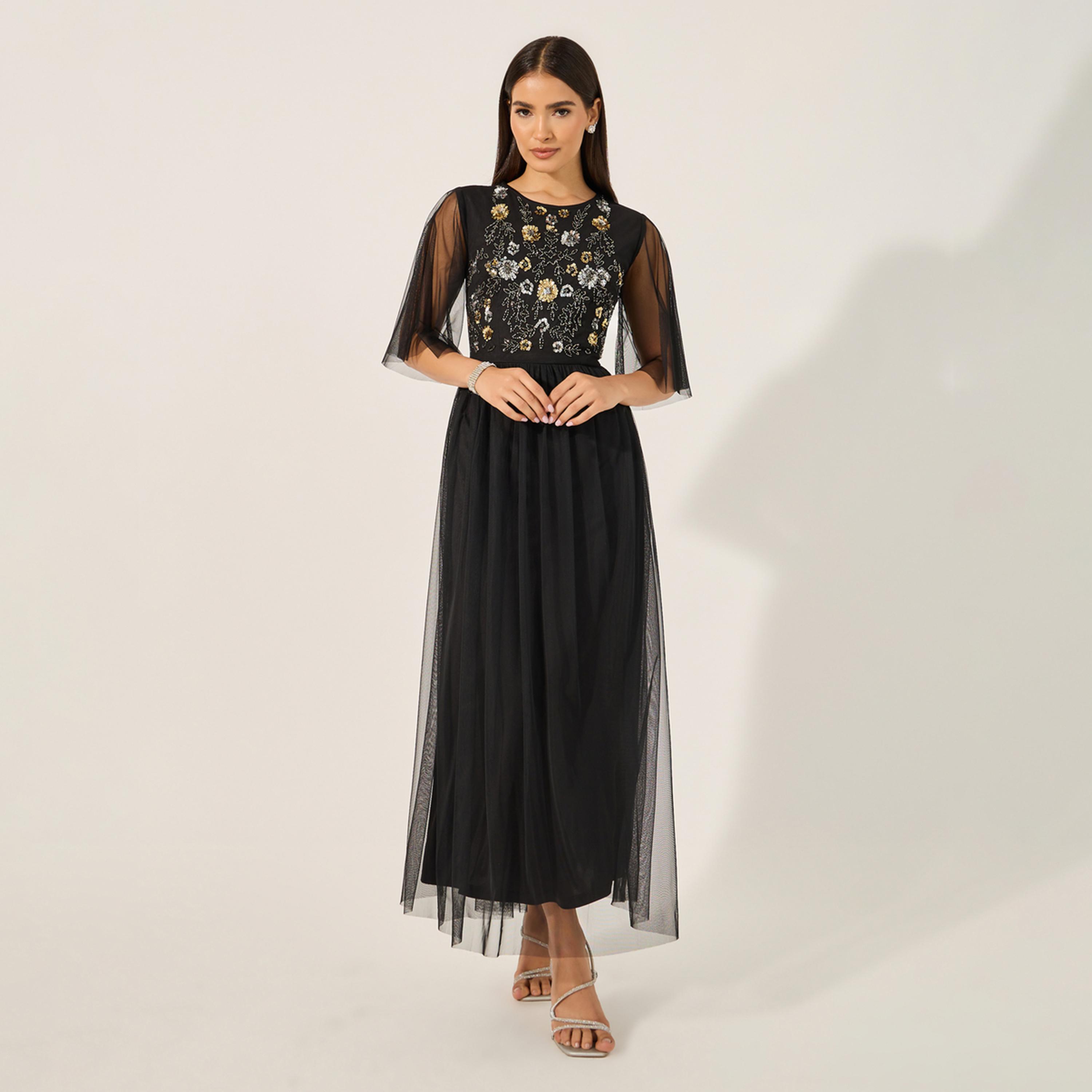ستايلي - فستان ماكسي مزين بأكمام نصفية وقصّة A-women-clothing-dresses-image-2