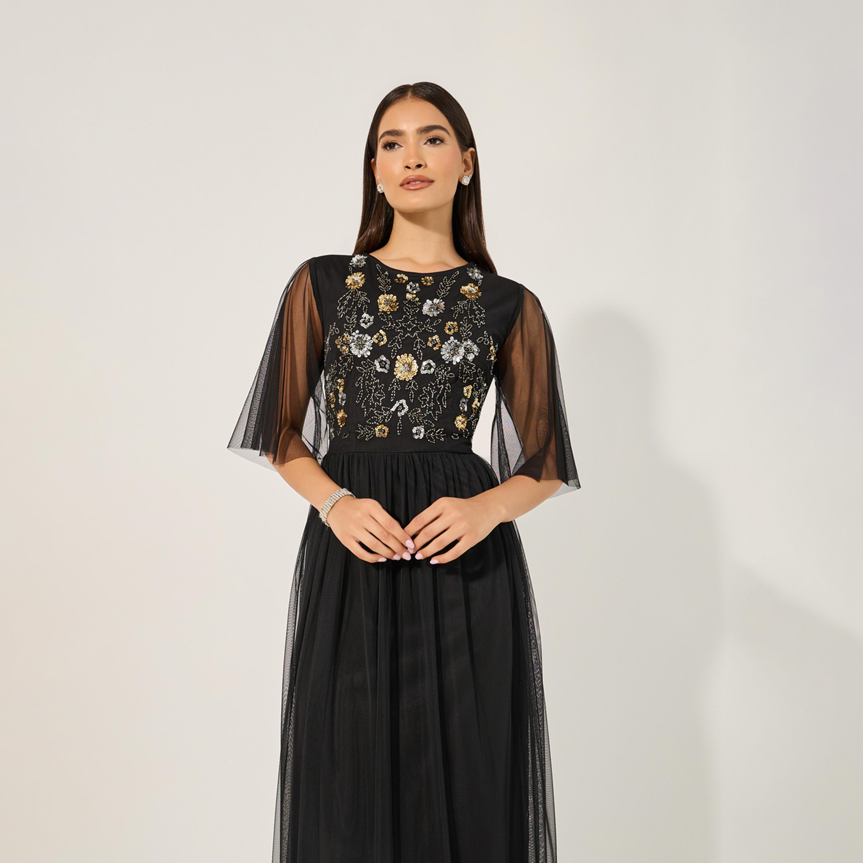 ستايلي - فستان ماكسي مزين بأكمام نصفية وقصّة A-women-clothing-dresses-image-3