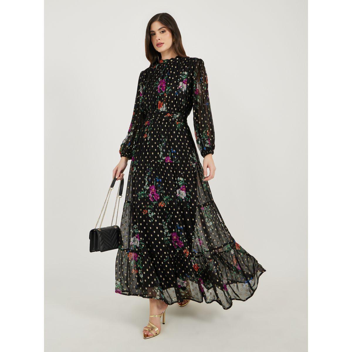 Floral Print Dobby Balloon Sleeves A-Line Maxi Dress-women-clothing-dresses-image-1