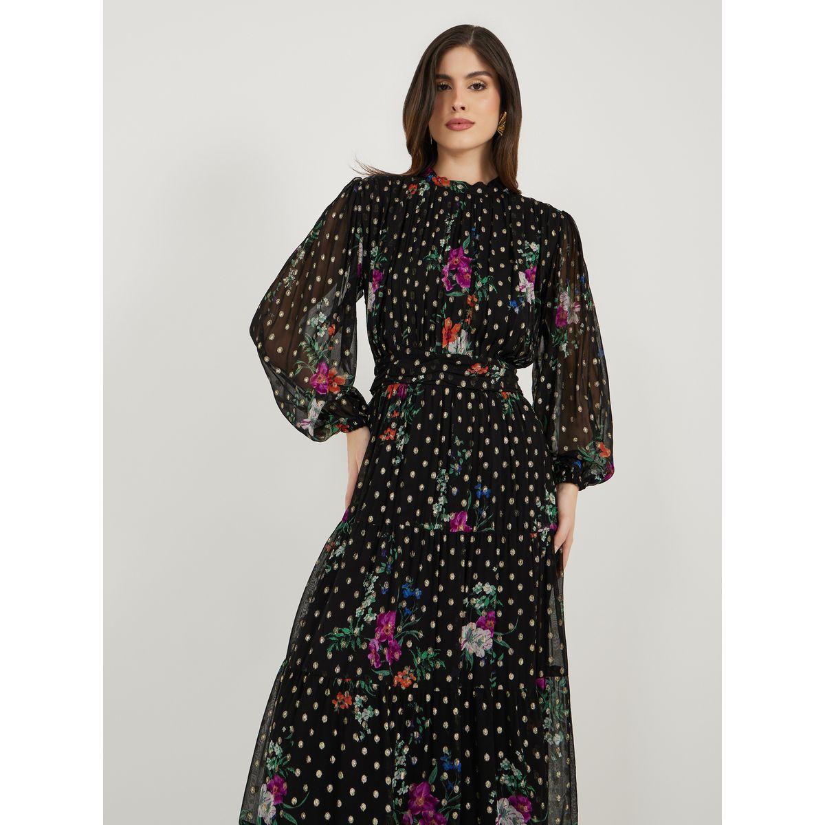 Floral Print Dobby Balloon Sleeves A-Line Maxi Dress-women-clothing-dresses-image-2