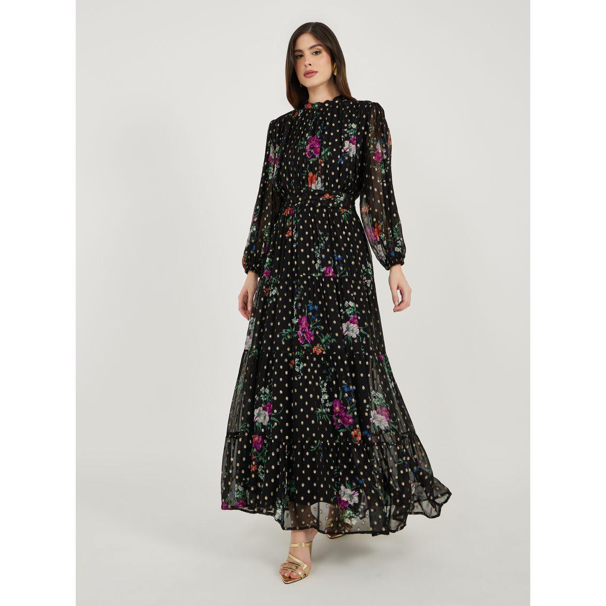 Floral Print Dobby Balloon Sleeves A-Line Maxi Dress-women-clothing-dresses-image-3