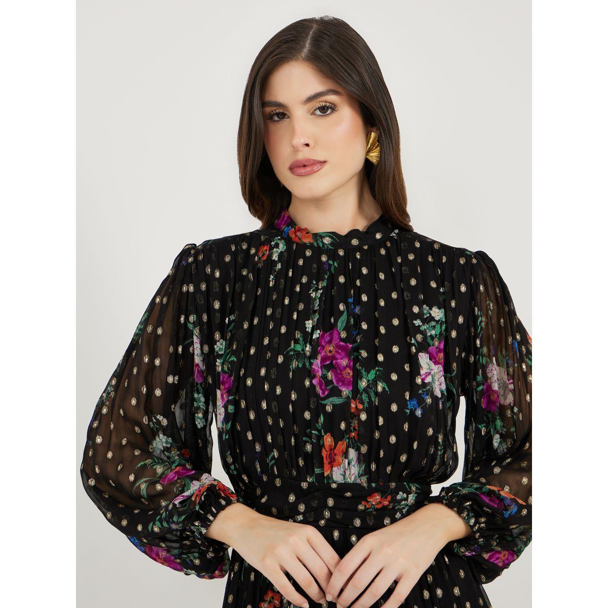 Floral Print Dobby Balloon Sleeves A-Line Maxi Dress-women-clothing-dresses-image-4