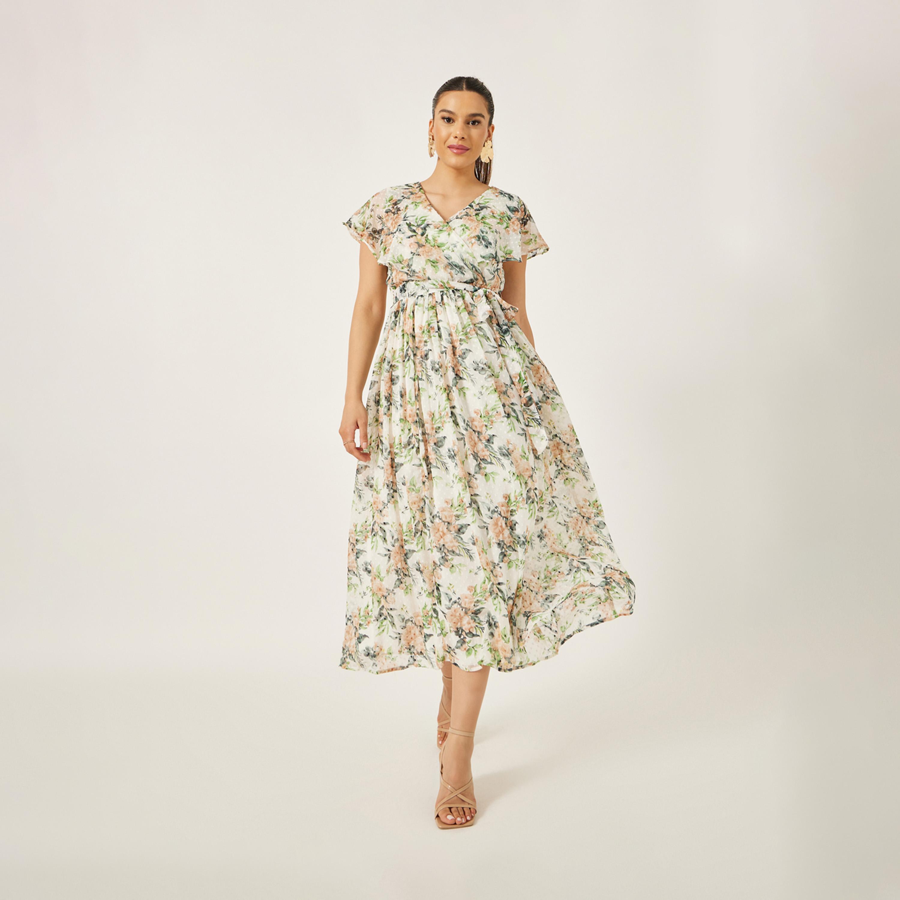 Styli Textured Dobby Printed V-Neck A-Line Maxi Dress-women-clothing-dresses-image-1