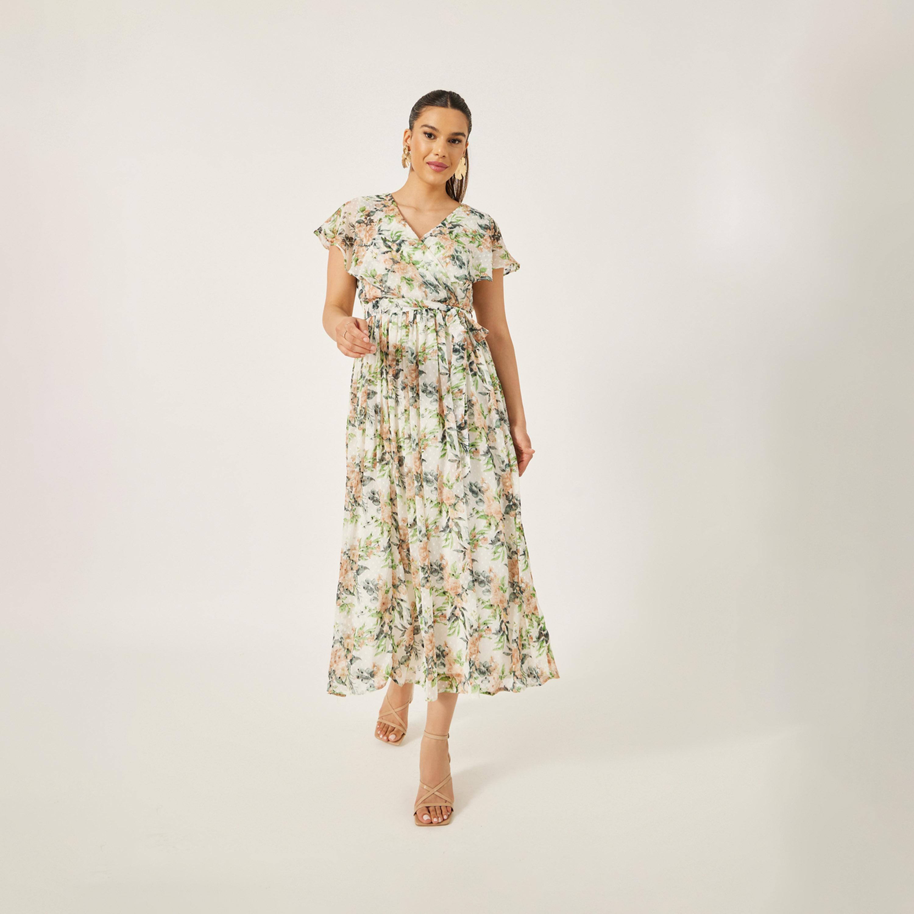 Styli Textured Dobby Printed V-Neck A-Line Maxi Dress-women-clothing-dresses-image-2