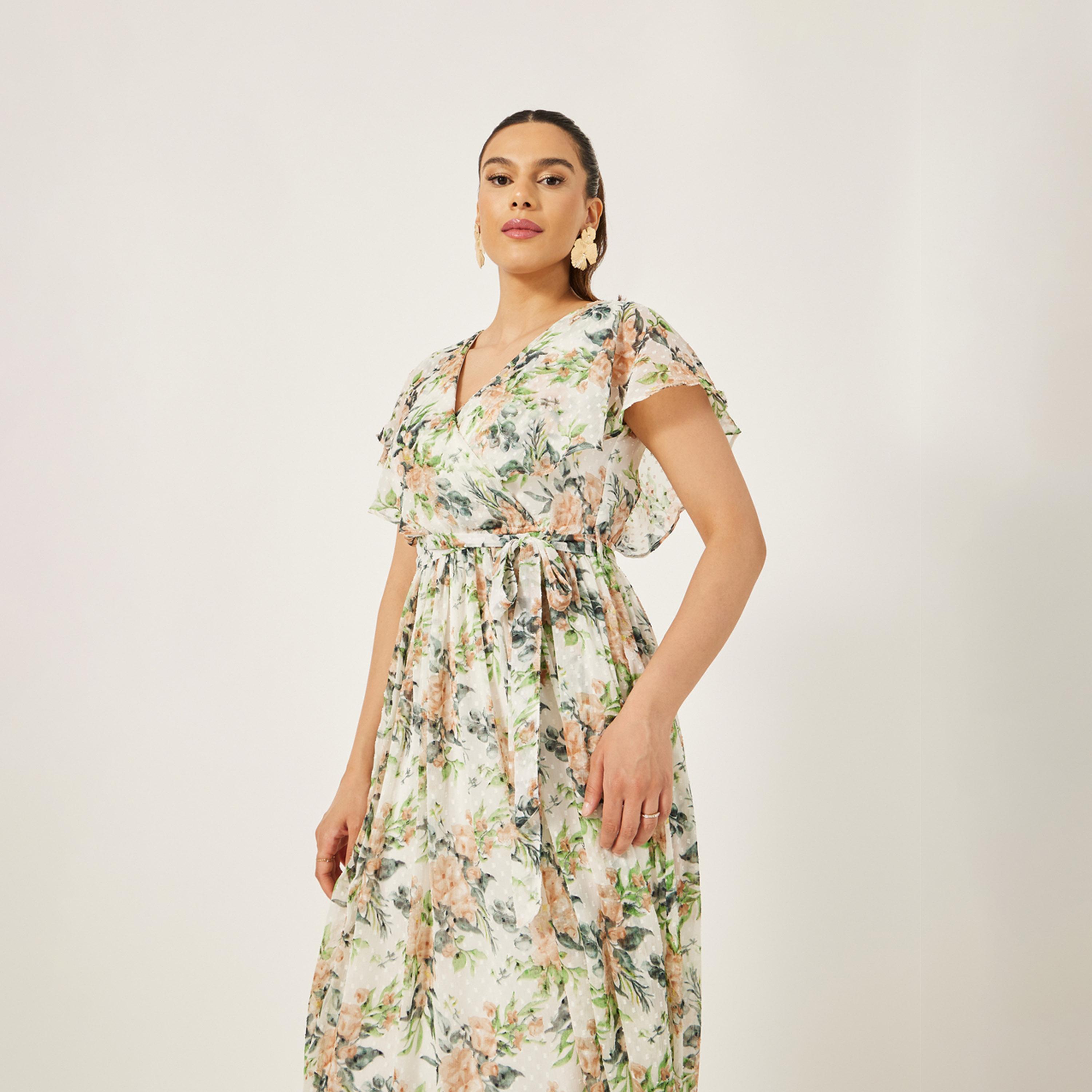 Styli Textured Dobby Printed V-Neck A-Line Maxi Dress-women-clothing-dresses-image-3