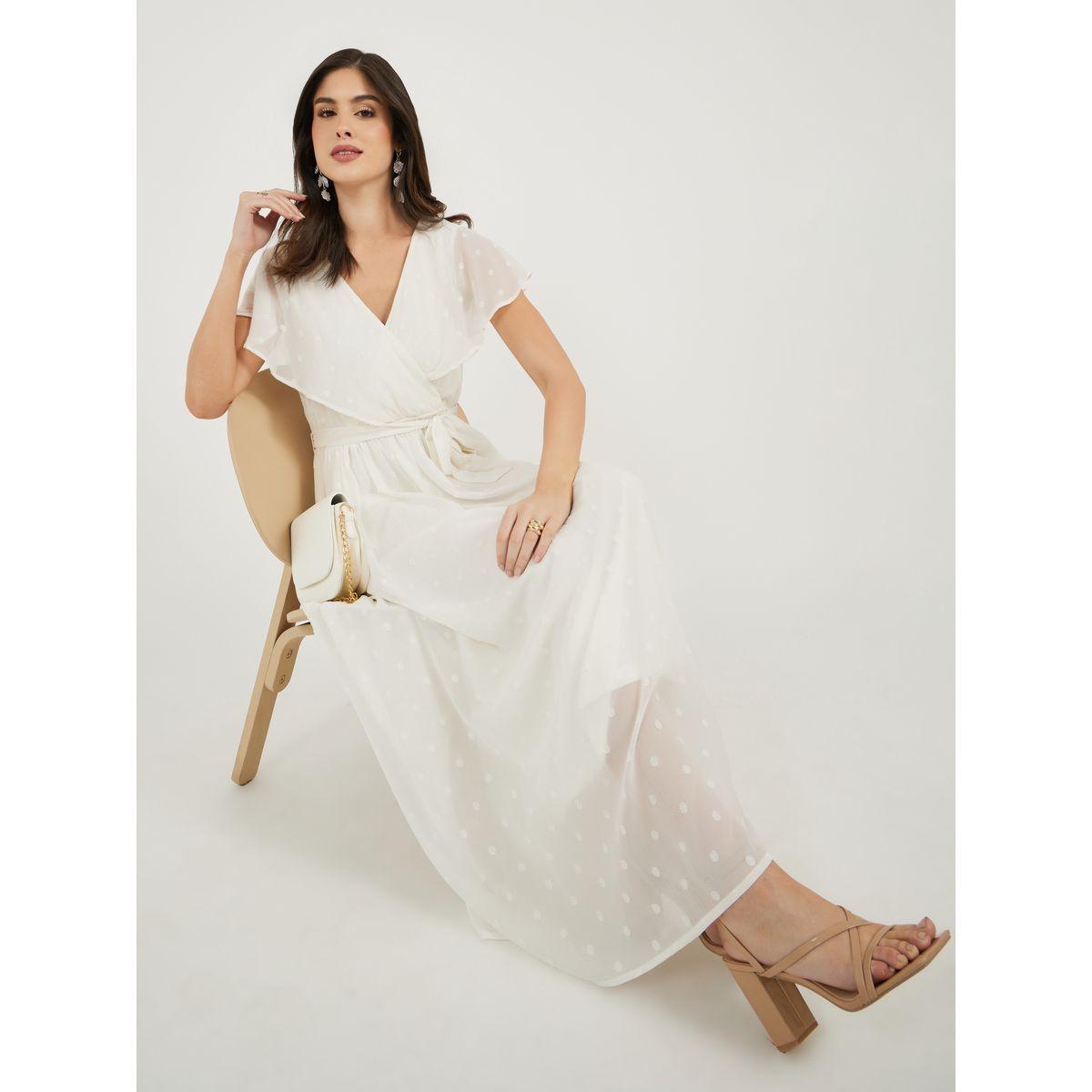 فستان دوبي طويل على شكل حرف A وأكمام بكشكشة مع تفاصيل ربطة على الخصر-women-clothing-dresses-image-1