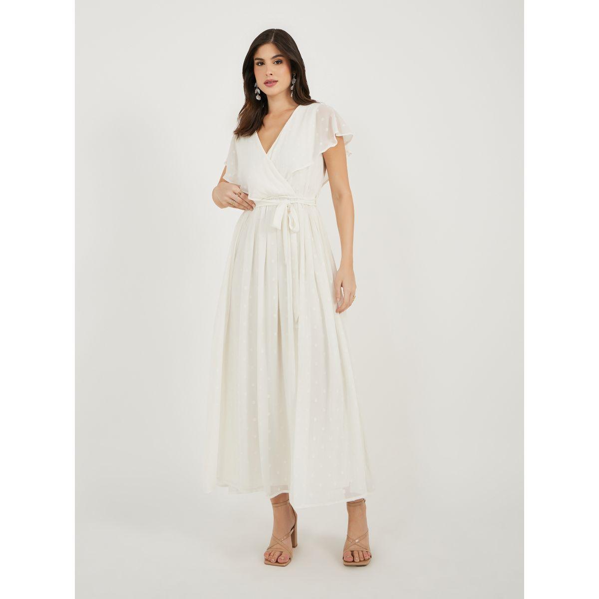 فستان دوبي طويل على شكل حرف A وأكمام بكشكشة مع تفاصيل ربطة على الخصر-women-clothing-dresses-image-2