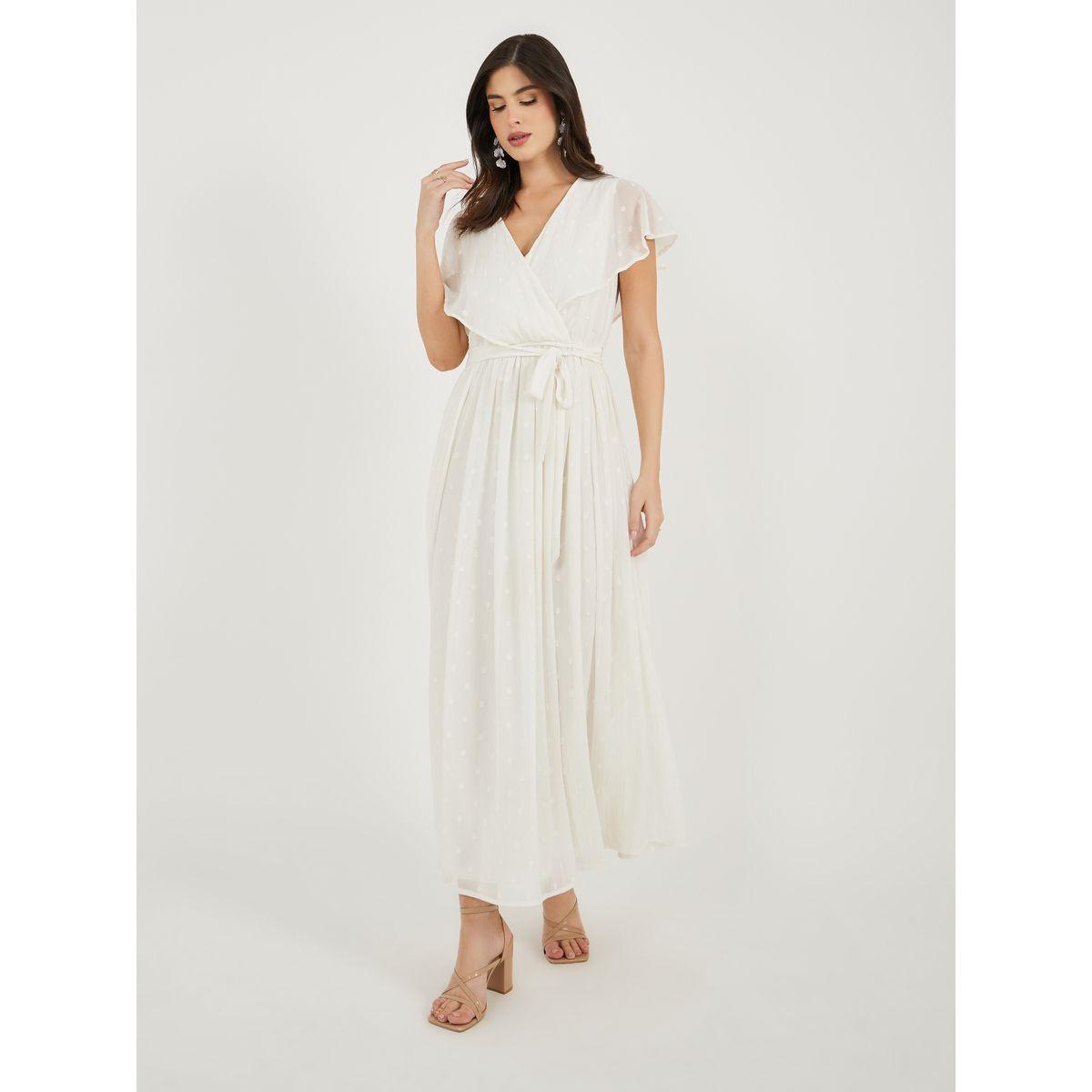 فستان دوبي طويل على شكل حرف A وأكمام بكشكشة مع تفاصيل ربطة على الخصر-women-clothing-dresses-image-3