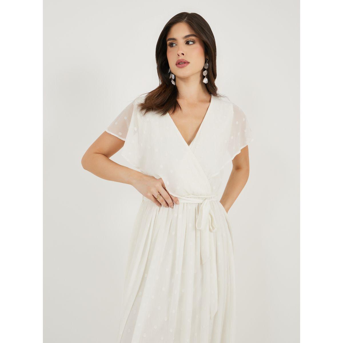 فستان دوبي طويل على شكل حرف A وأكمام بكشكشة مع تفاصيل ربطة على الخصر-women-clothing-dresses-image-4
