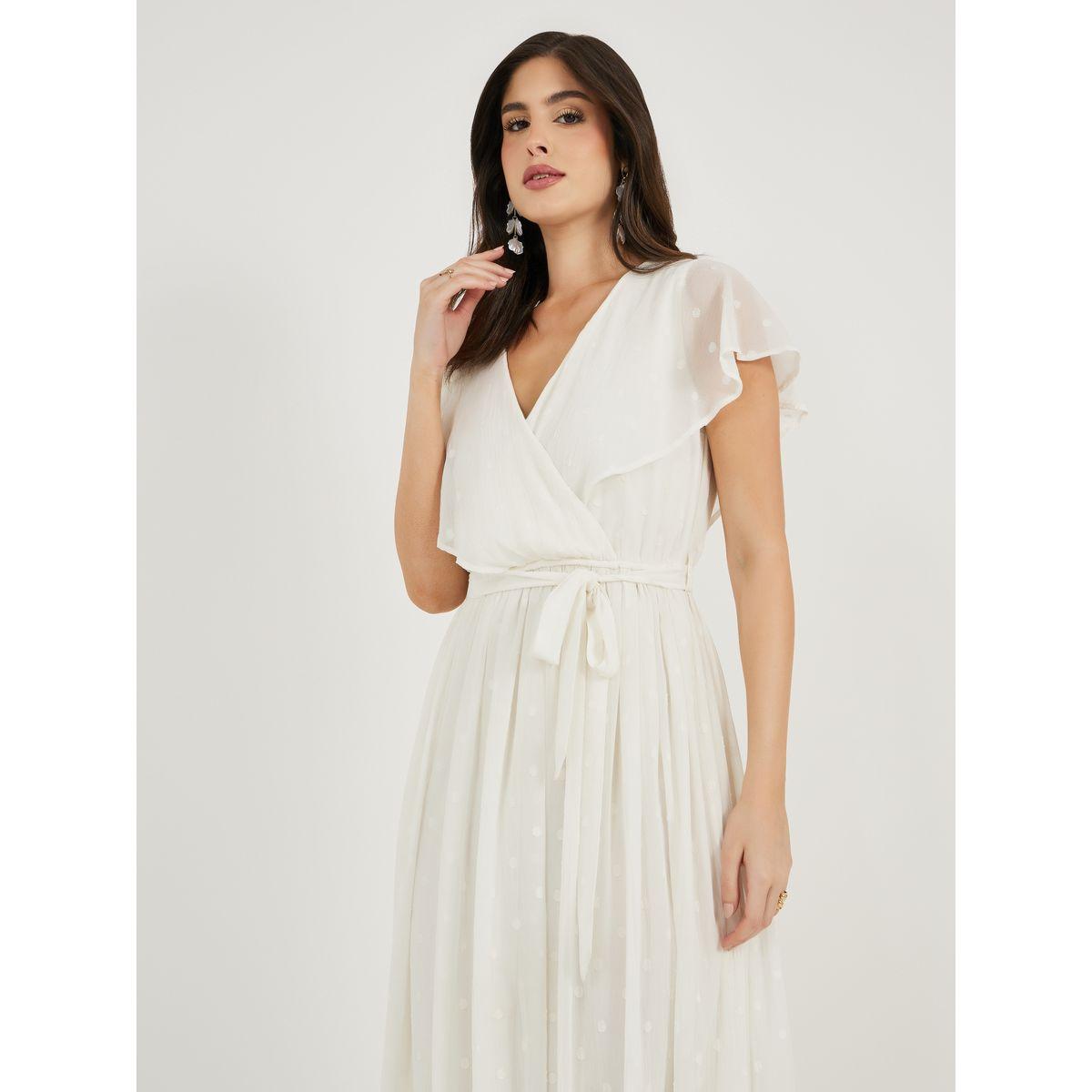 فستان دوبي طويل على شكل حرف A وأكمام بكشكشة مع تفاصيل ربطة على الخصر-women-clothing-dresses-image-5