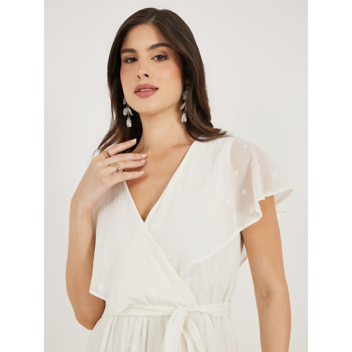 فستان دوبي طويل على شكل حرف A وأكمام بكشكشة مع تفاصيل ربطة على الخصر-women-clothing-dresses-image-6