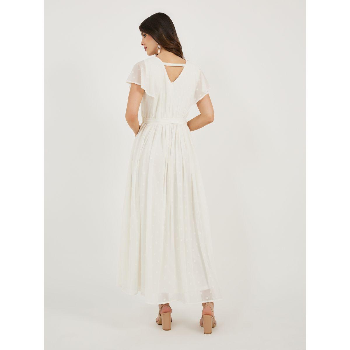 فستان دوبي طويل على شكل حرف A وأكمام بكشكشة مع تفاصيل ربطة على الخصر-women-clothing-dresses-image-7