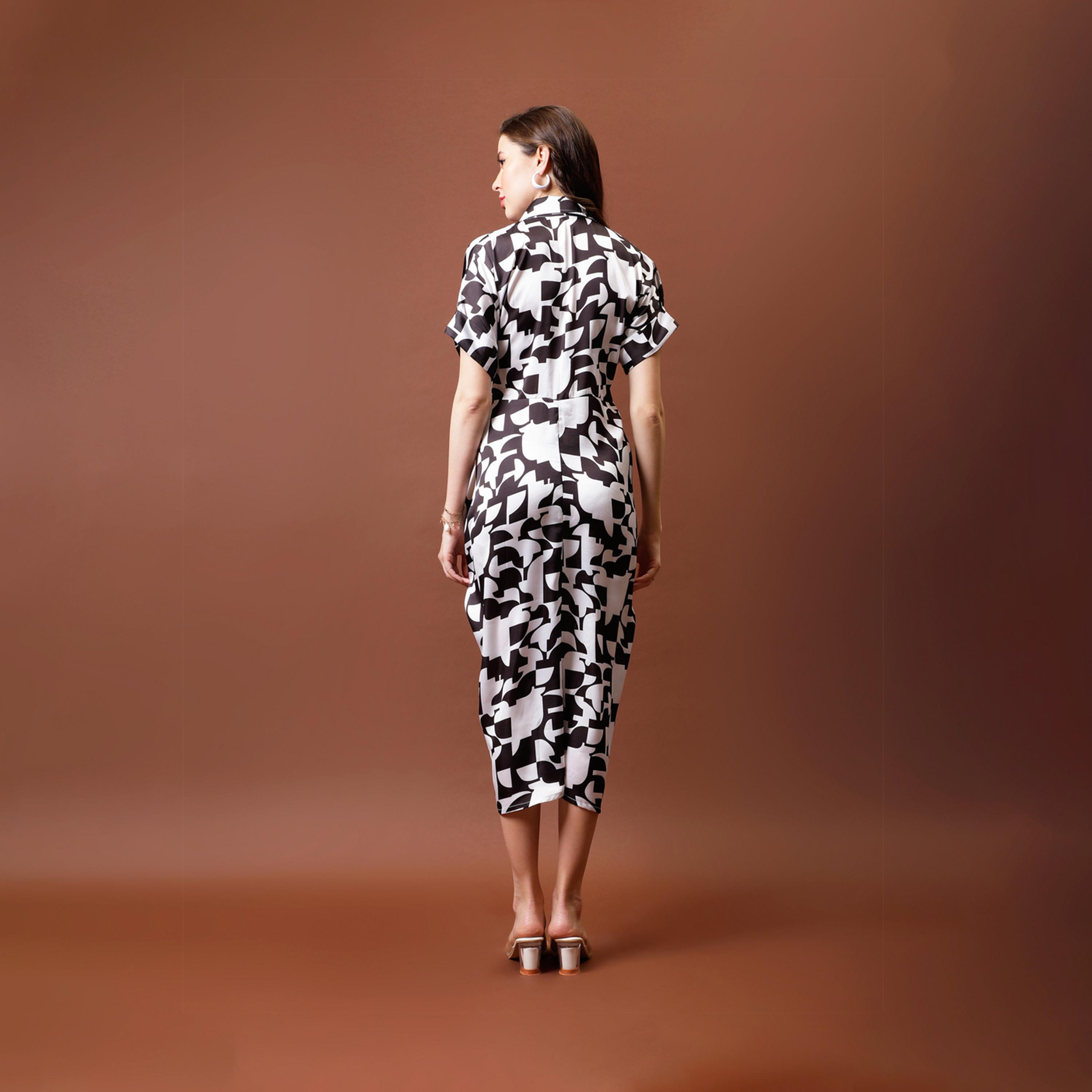 أثينا × ستايلي - فستان متوسط الطول بطبعة قميص من الساتان مع تفاصيل ثنيات-women-clothing-dresses-image-1